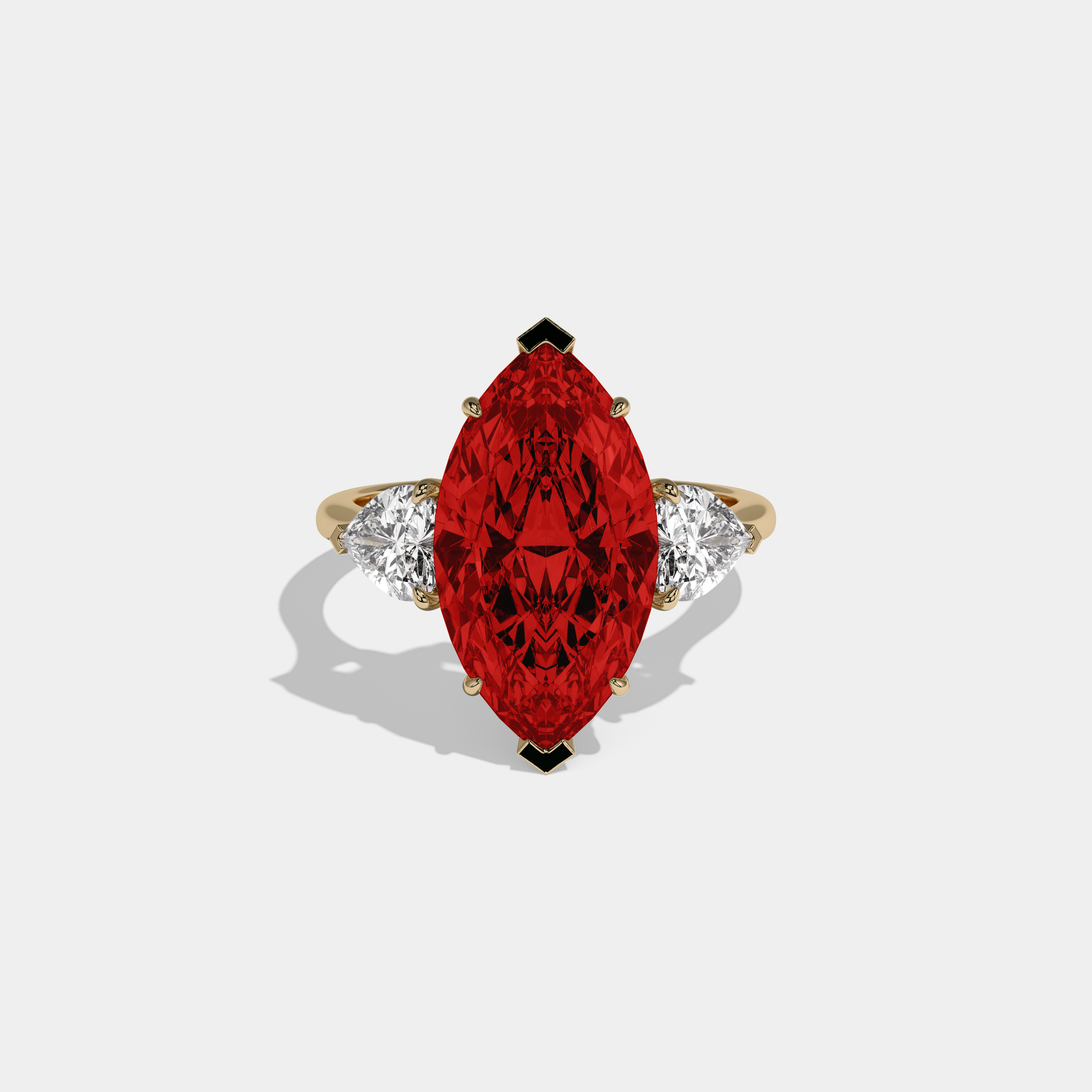 Eleanor Fancy Red Marquise Cut Diamond Plain Band With Heart Cut Sides Engagement Ring 8ct 18K Yellow Gold