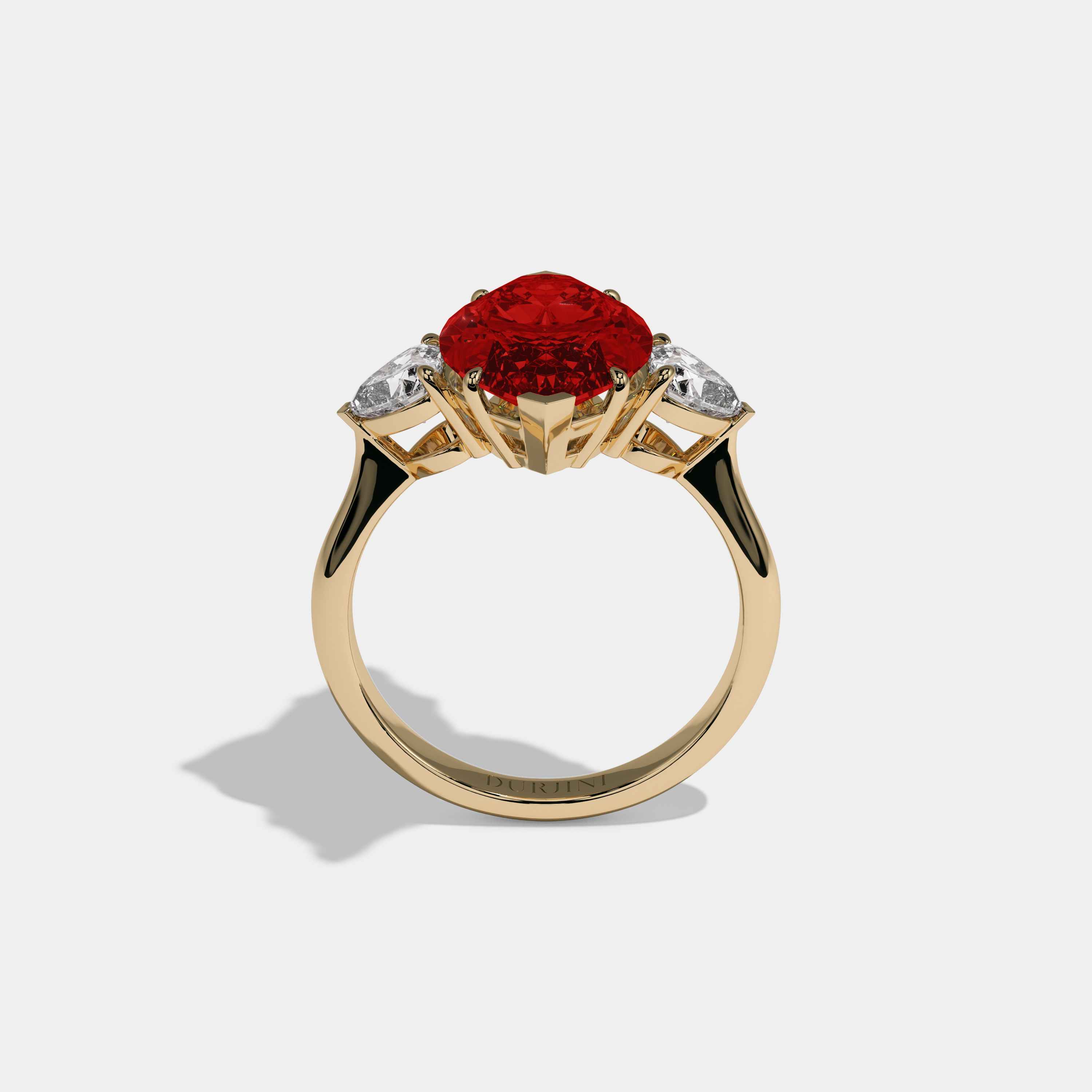 Eleanor Fancy Red Marquise Cut Diamond Plain Band With Heart Cut Sides Engagement Ring 8ct 18K Yellow Gold