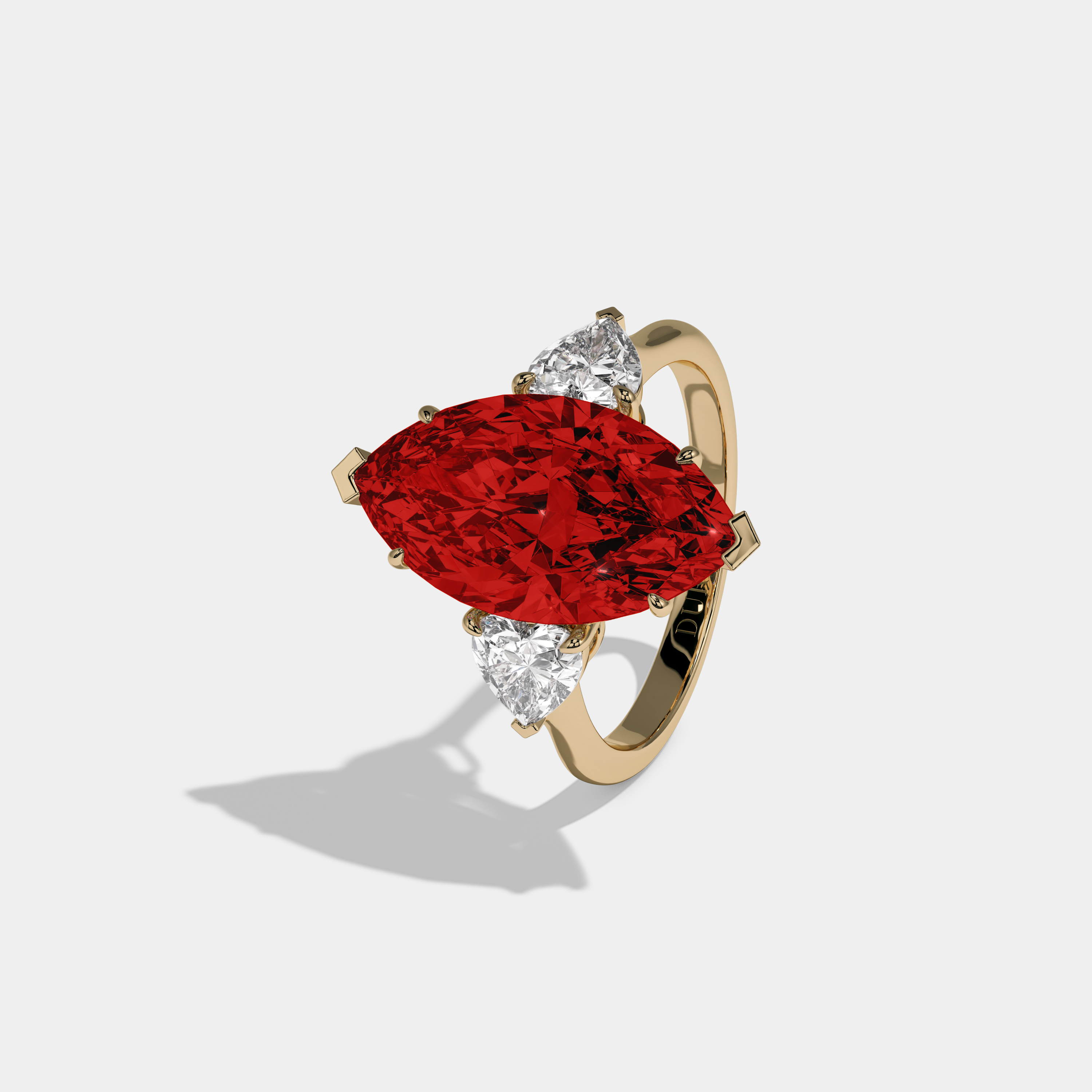 Eleanor Fancy Red Marquise Cut Diamond Plain Band With Heart Cut Sides Engagement Ring 8ct 18K Yellow Gold