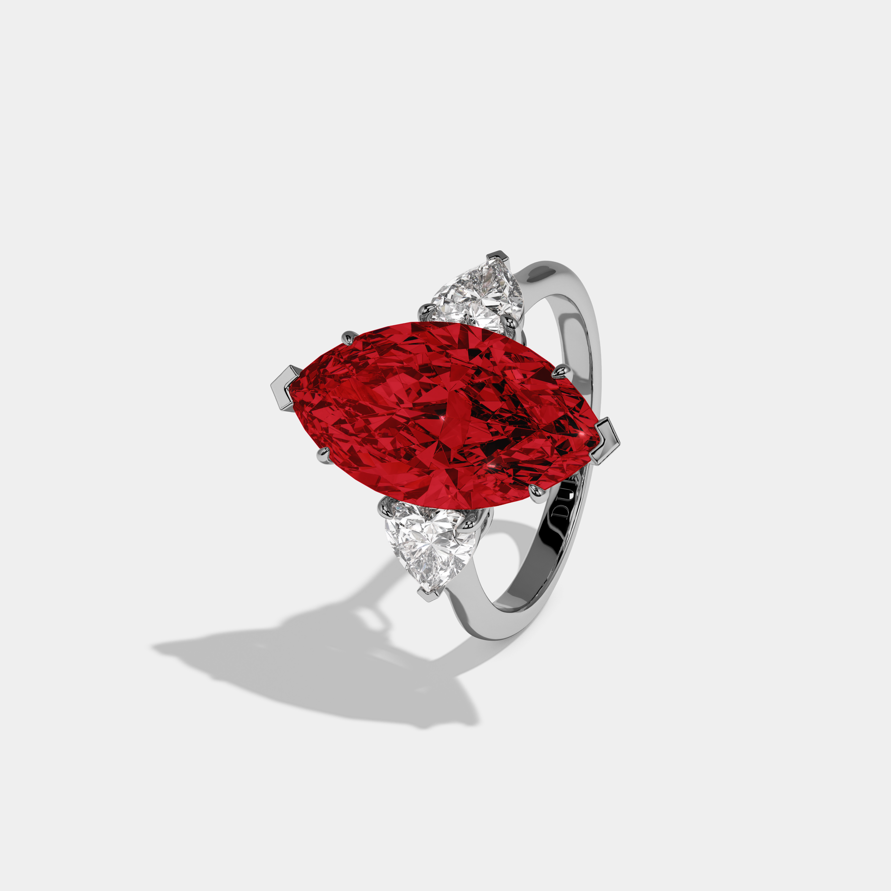 Anne Fancy Red Marquise Cut Diamond Plain Band With Heart Cut Sides Engagement Ring 8ct 18K White Gold