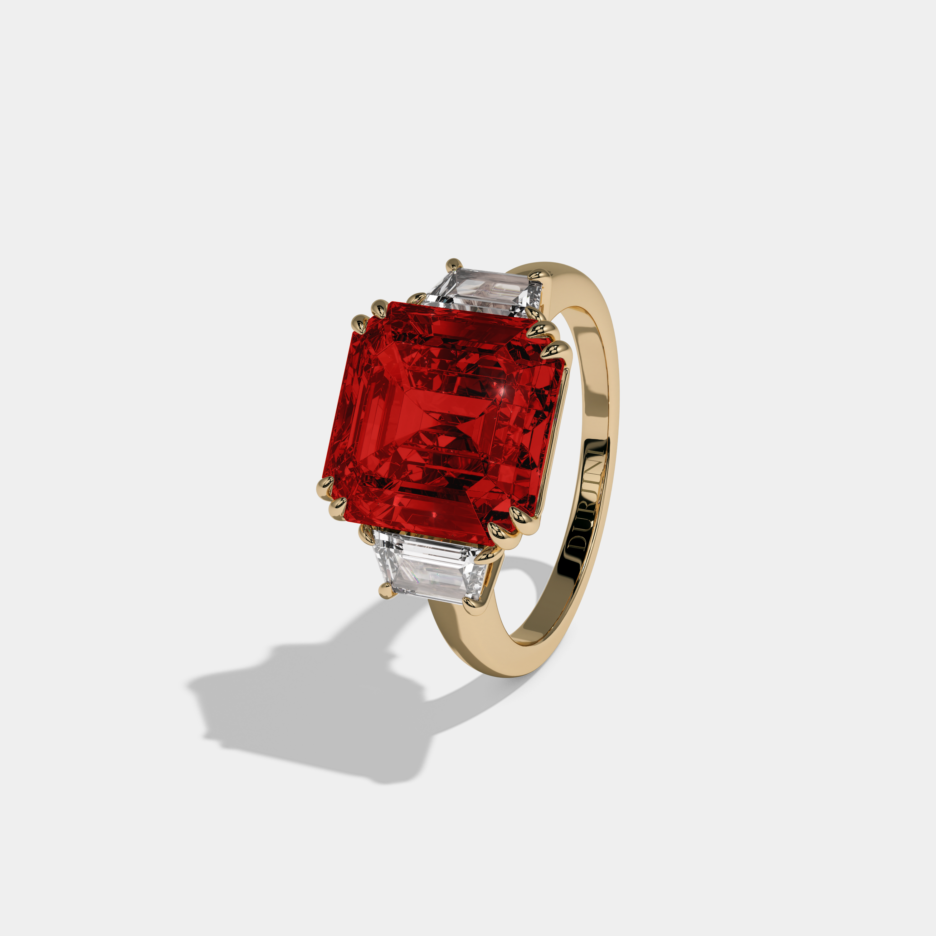 Eleanor Fancy Red Asscher Cut Diamond Plain Band With Step Cut Sides Engagement Ring 8ct 18K Yellow Gold
