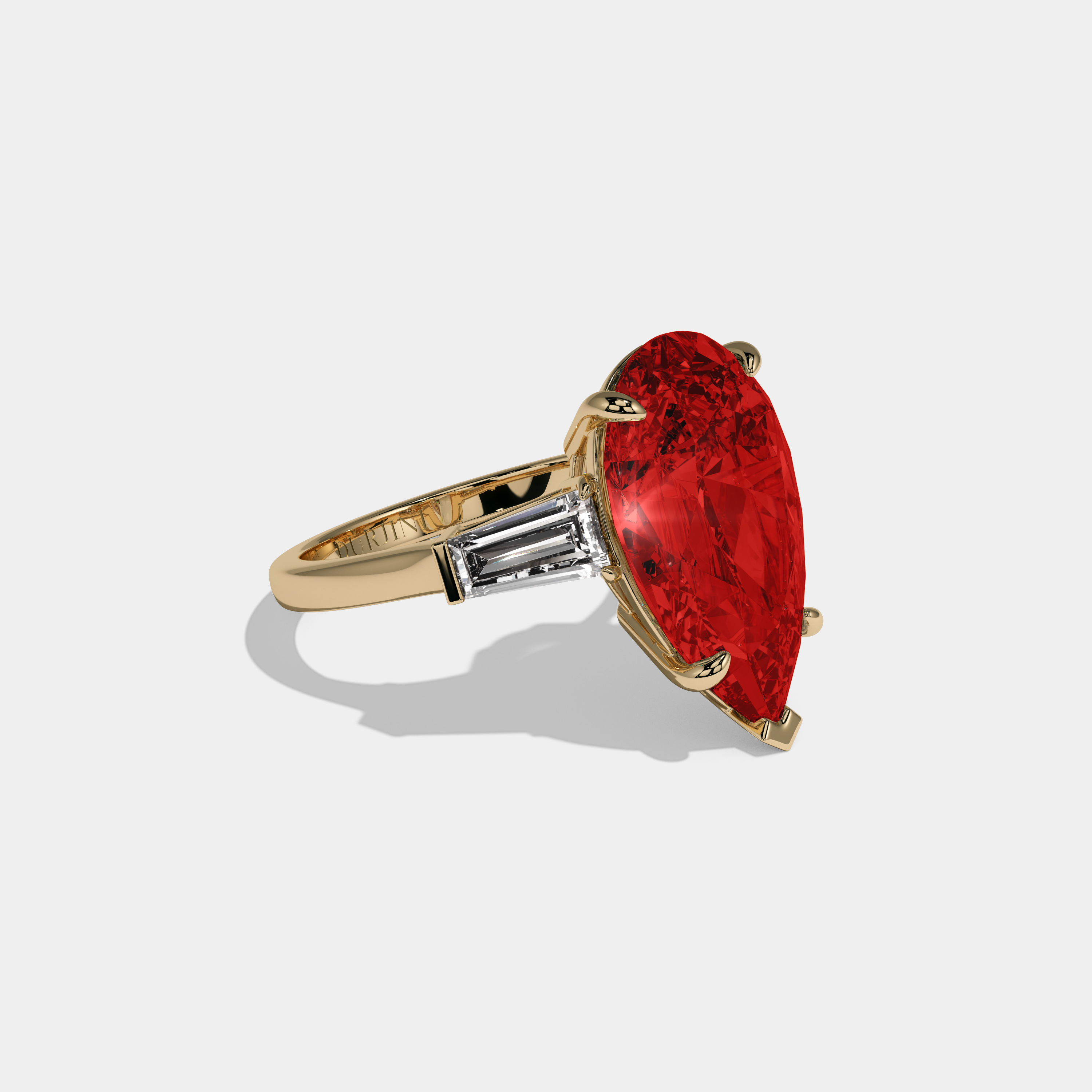 Philippa Fancy Red Pear Cut Diamond Plain Band With Baguette Cut Sides Engagement Ring 8ct 18k Yellow Gold