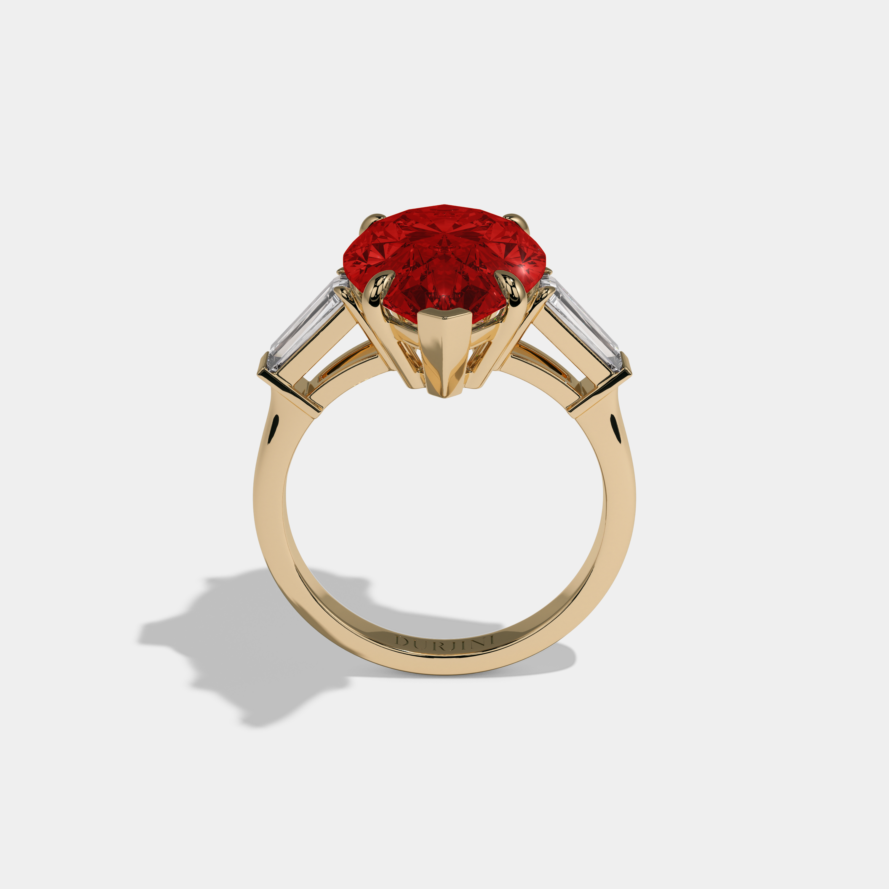 Philippa Fancy Red Pear Cut Diamond Plain Band With Baguette Cut Sides Engagement Ring 8ct 18k Yellow Gold