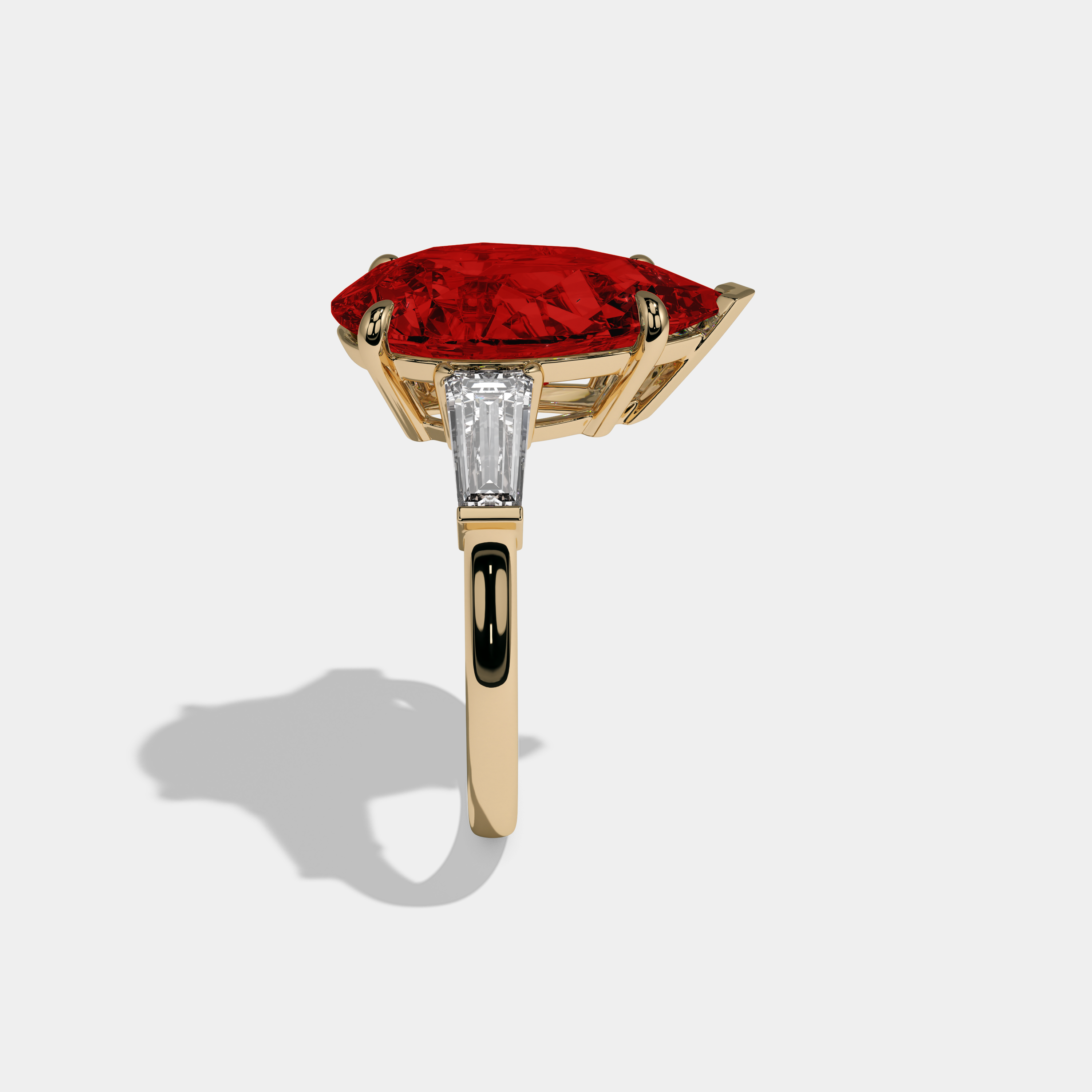 Philippa Fancy Red Pear Cut Diamond Plain Band With Baguette Cut Sides Engagement Ring 8ct 18k Yellow Gold