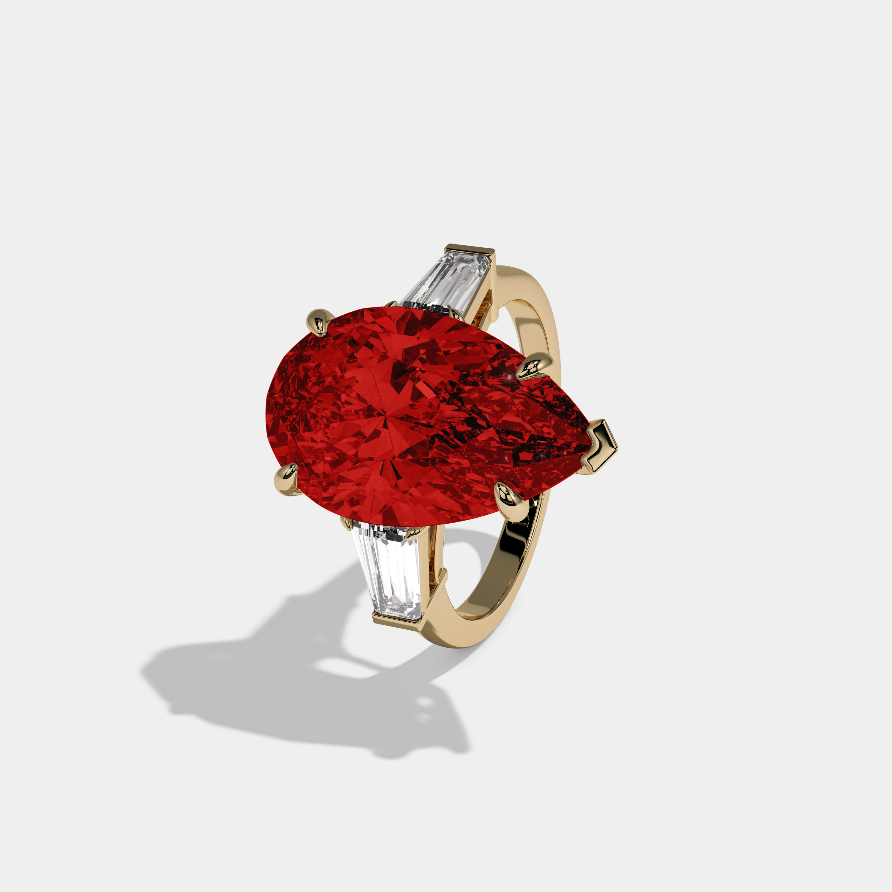 Philippa Fancy Red Pear Cut Diamond Plain Band With Baguette Cut Sides Engagement Ring 8ct 18k Yellow Gold