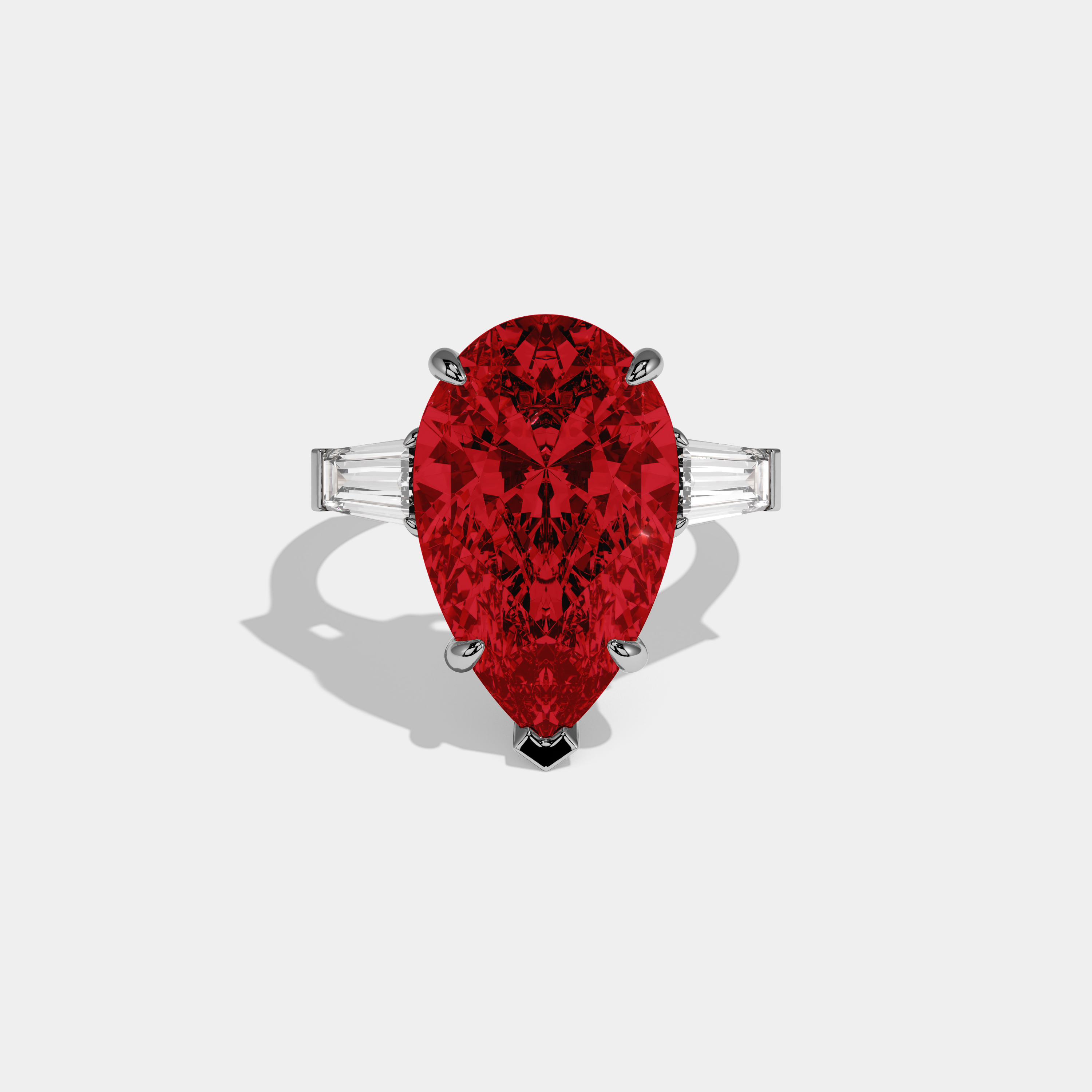 Isabella Fancy Red Pear Cut Diamond Plain Band With Baguette Cut Sides Engagement Ring 8ct 18k White Gold