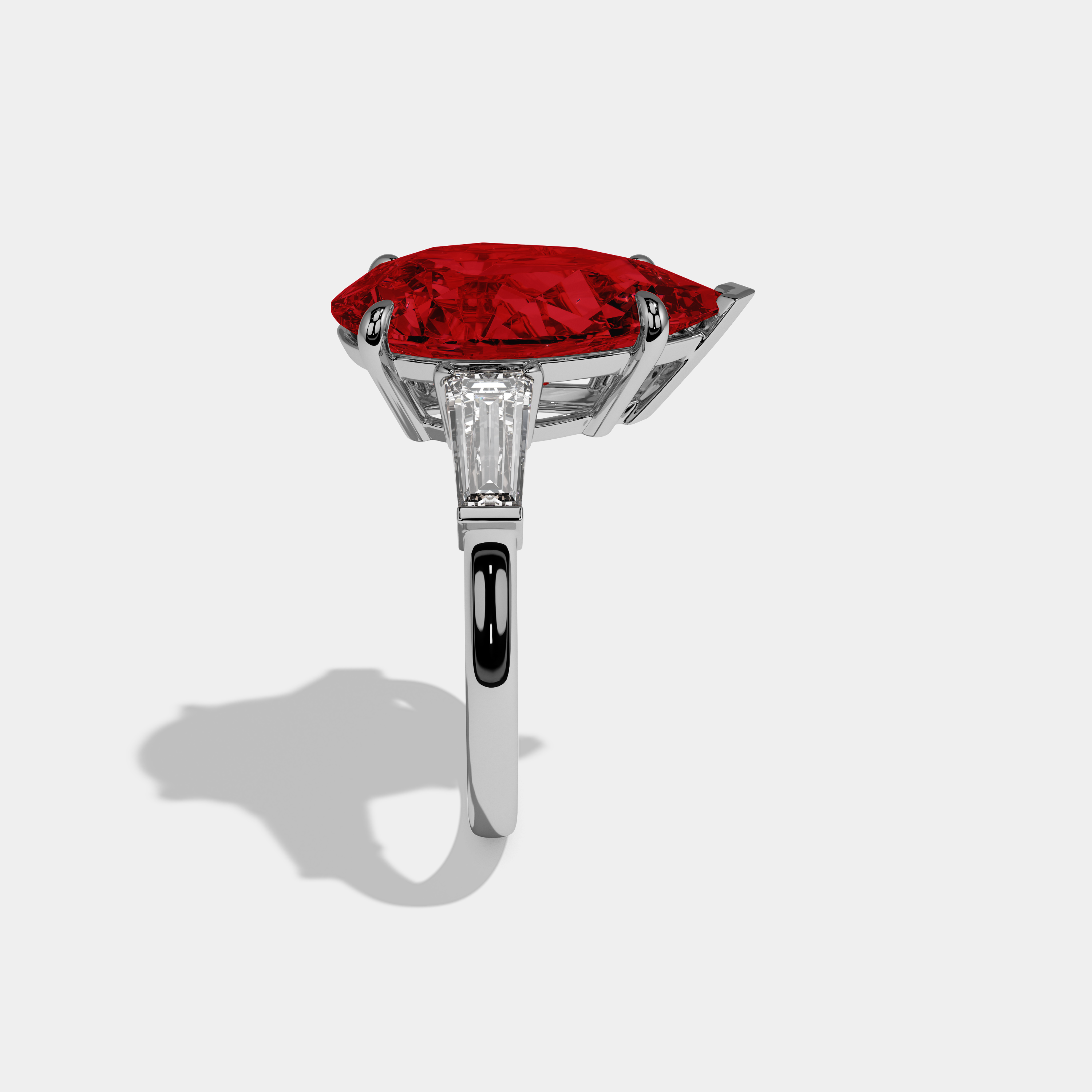 Isabella Fancy Red Pear Cut Diamond Plain Band With Baguette Cut Sides Engagement Ring 8ct 18k White Gold