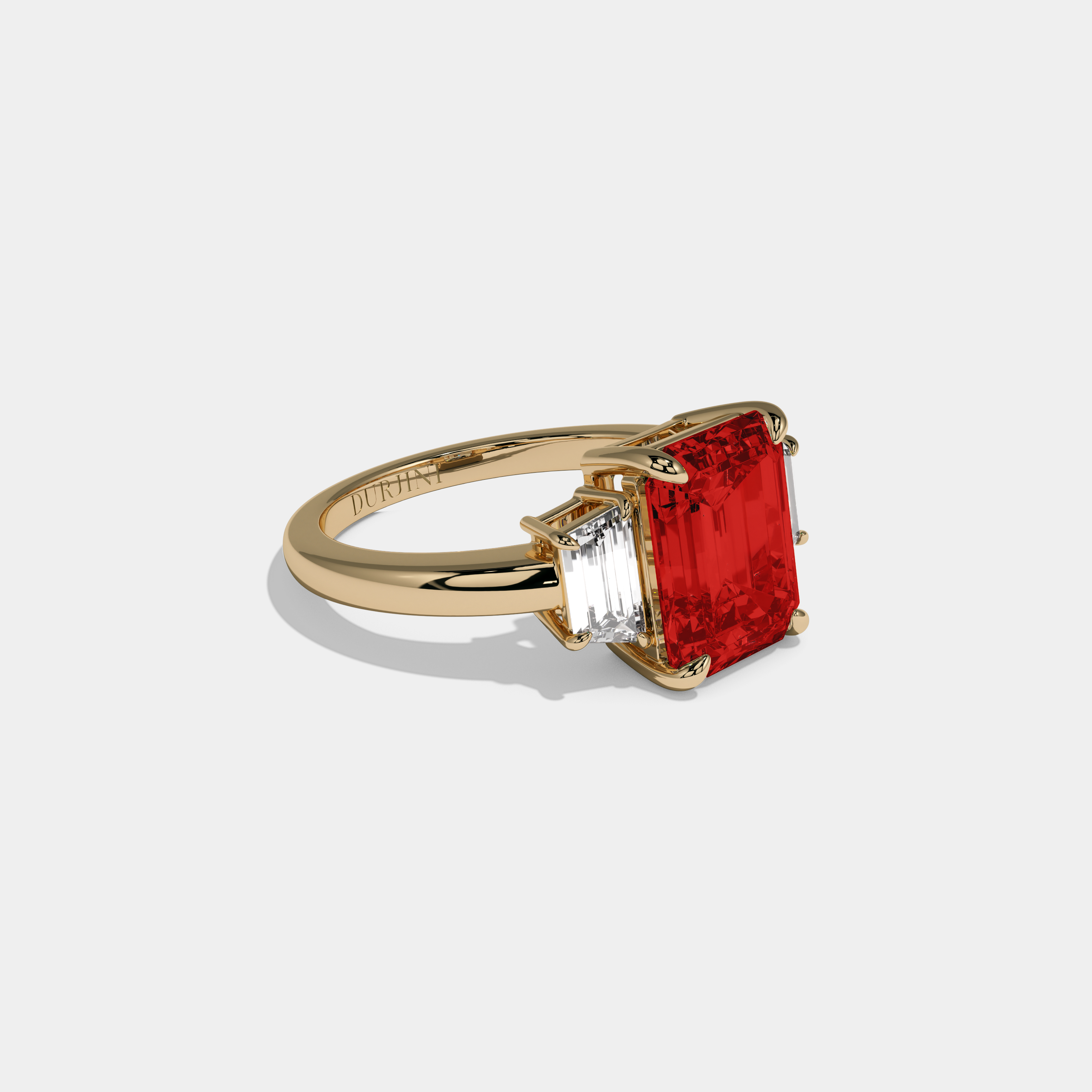 Philippa Fancy Red Emerald Cut Diamond Plain Band With Step Cut Sides Engagement Ring 8ct 18k Yellow Gold