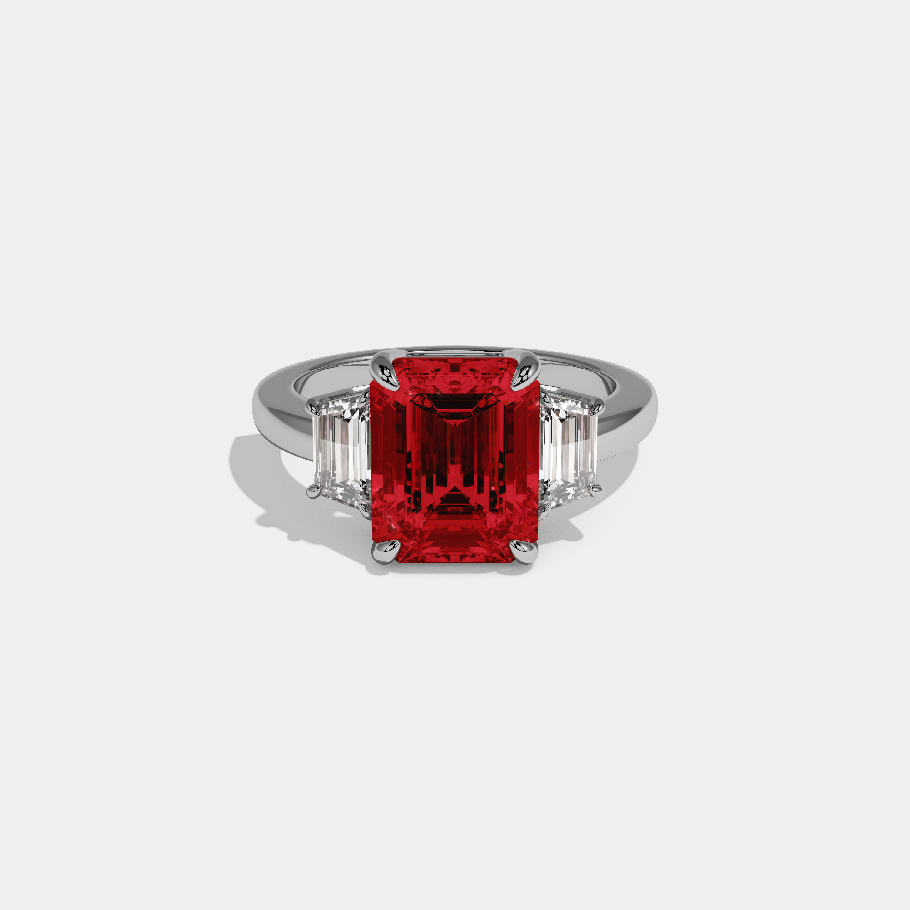 Isabella Fancy Red Emerald Cut Diamond Plain Band With Step Cut Sides Engagement Ring 8ct 18k White Gold
