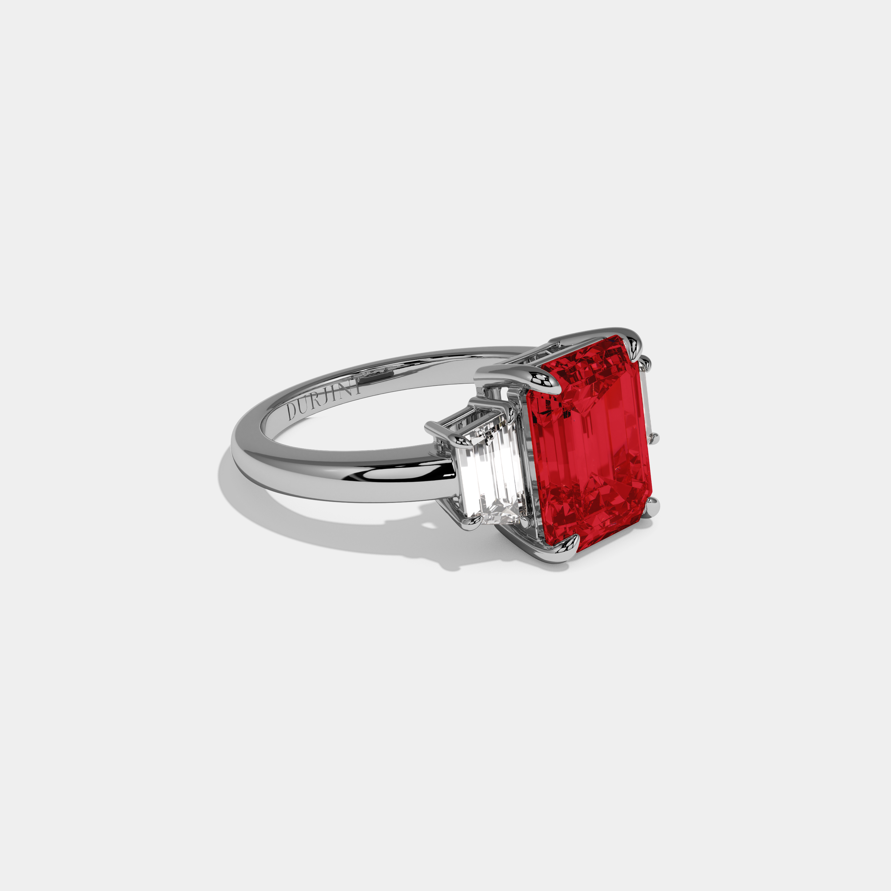 Isabella Fancy Red Emerald Cut Diamond Plain Band With Step Cut Sides Engagement Ring 8ct 18k White Gold