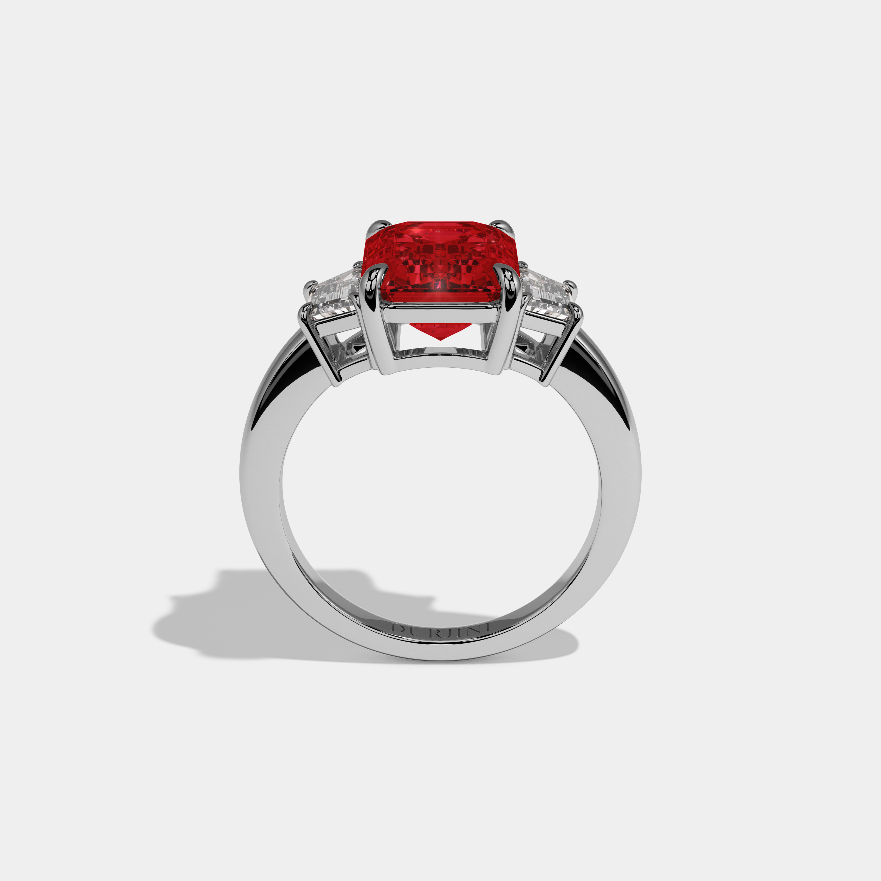 Isabella Fancy Red Emerald Cut Diamond Plain Band With Step Cut Sides Engagement Ring 8ct 18k White Gold
