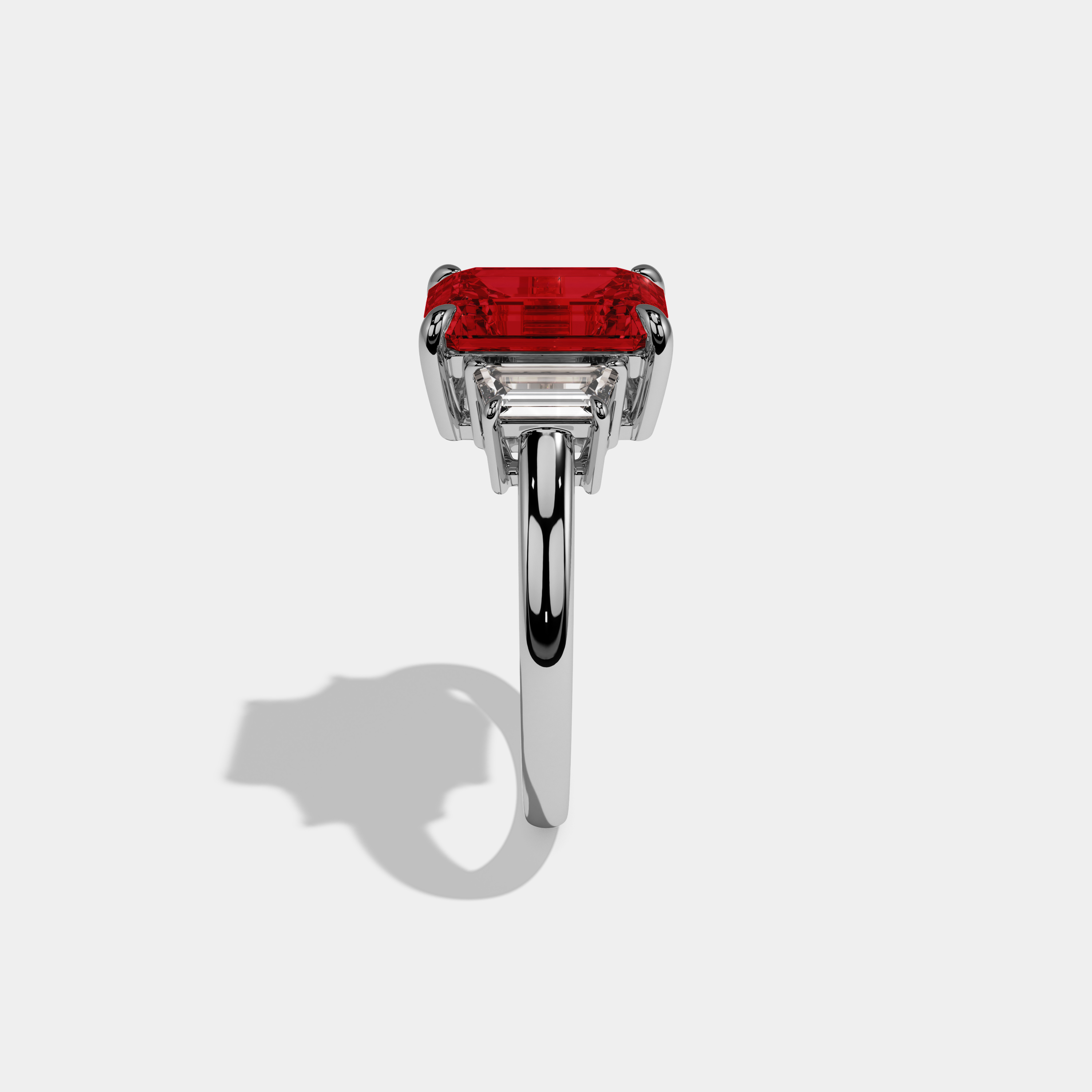 Isabella Fancy Red Emerald Cut Diamond Plain Band With Step Cut Sides Engagement Ring 8ct 18k White Gold