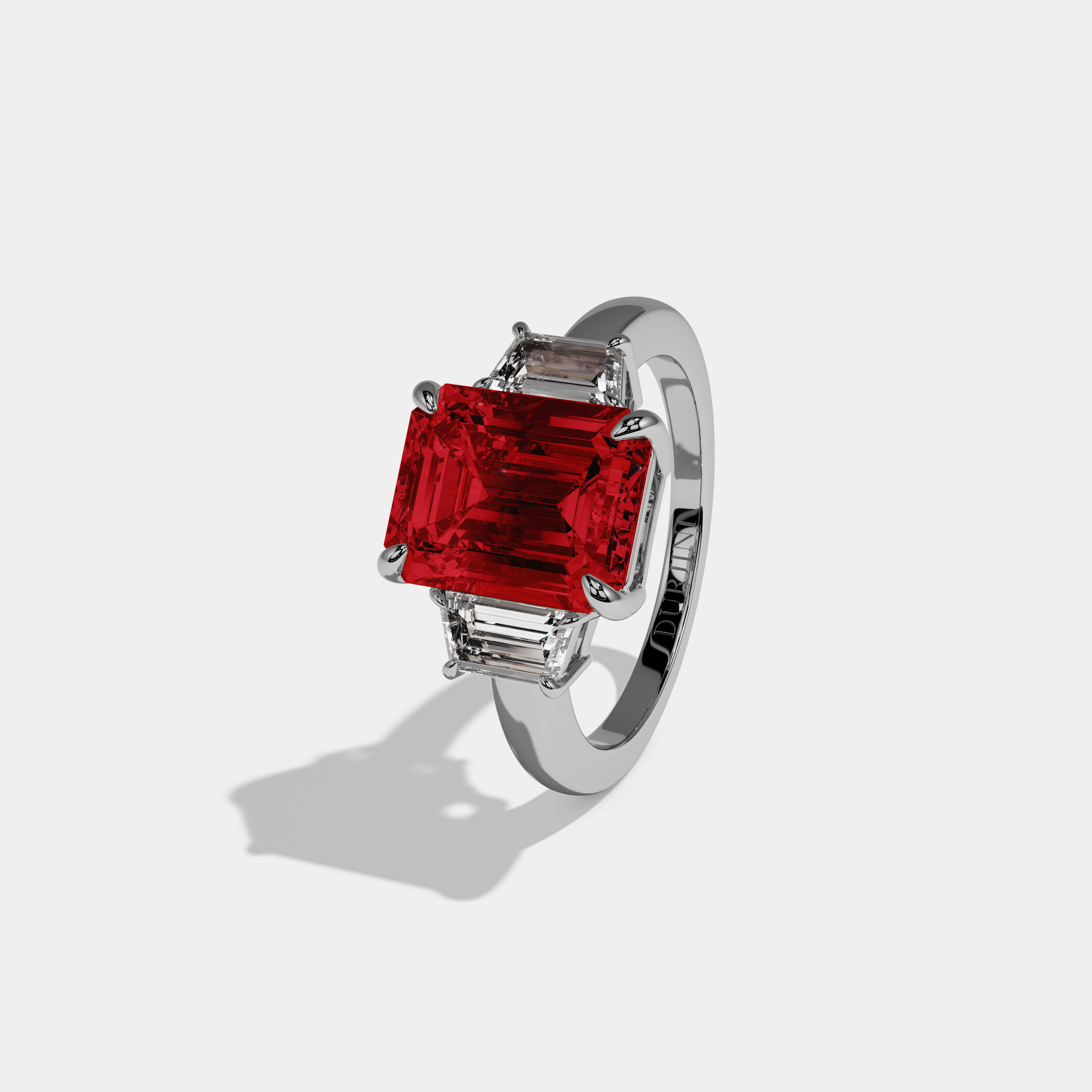 Isabella Fancy Red Emerald Cut Diamond Plain Band With Step Cut Sides Engagement Ring 8ct 18k White Gold