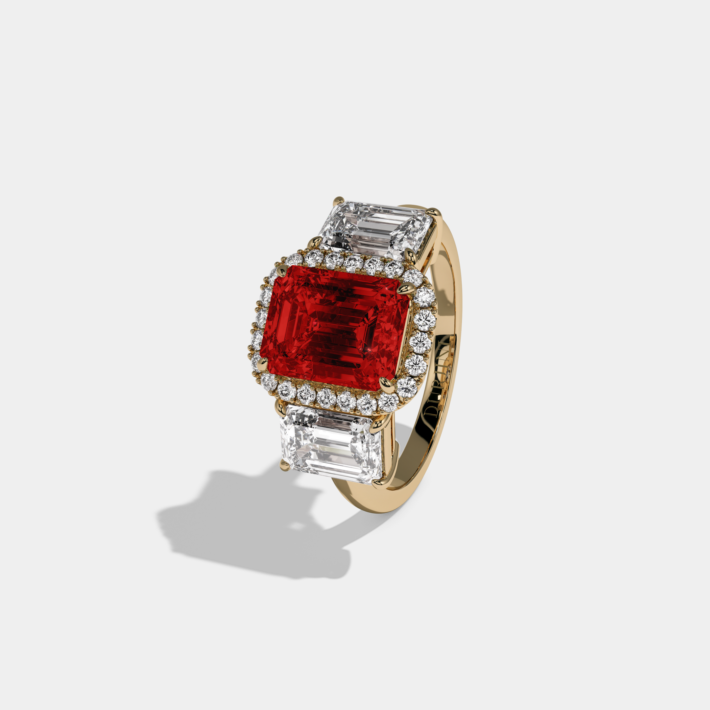 Elizabeth Fancy Red Emerald Cut Diamond Plain Band With Emerald Cut Sides Engagement Ring 8ct 18K Yellow Gold