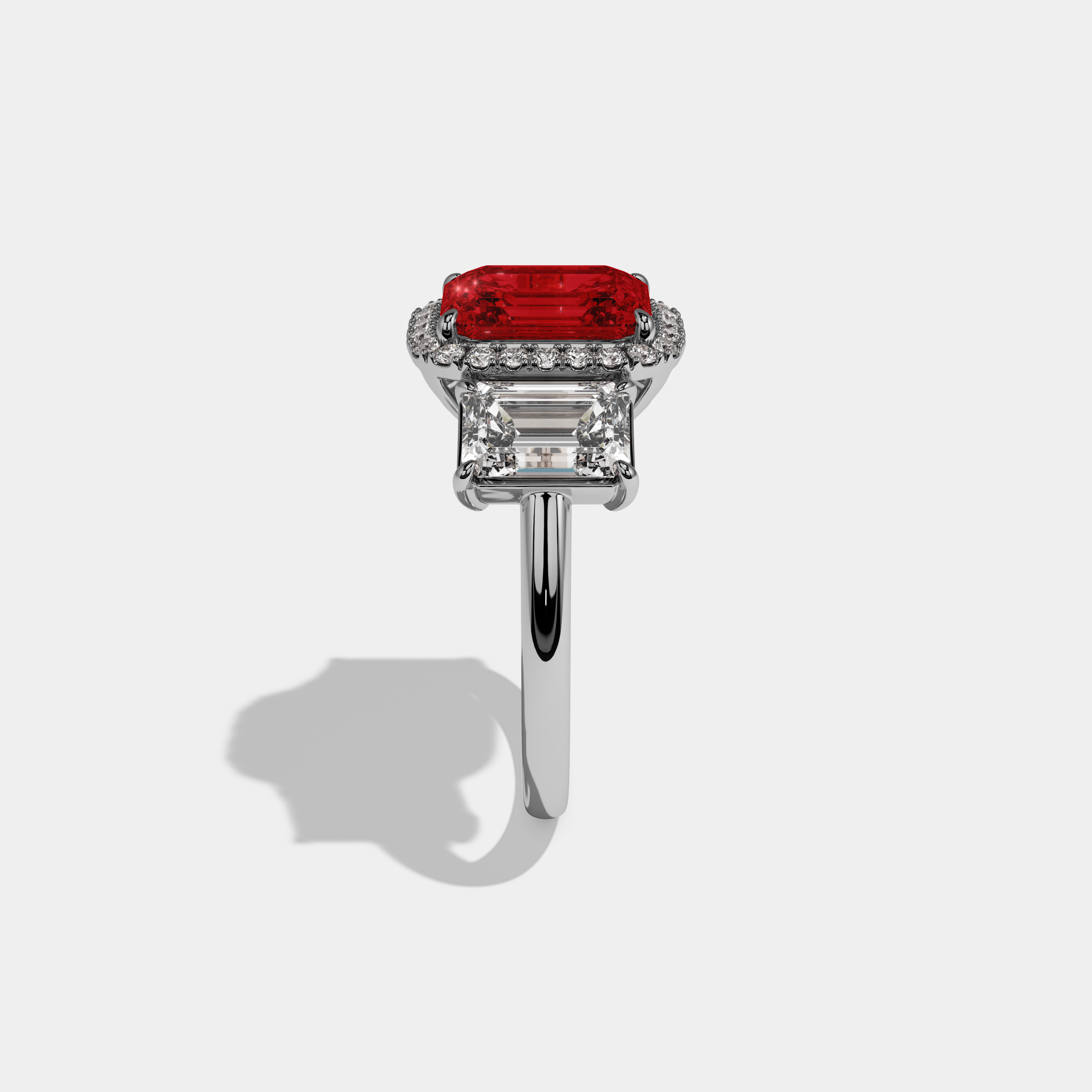 Adelaide Fancy Red Emerald Cut Diamond Plain Band With Emerald Cut Sides Engagement Ring 8ct 18K White Gold