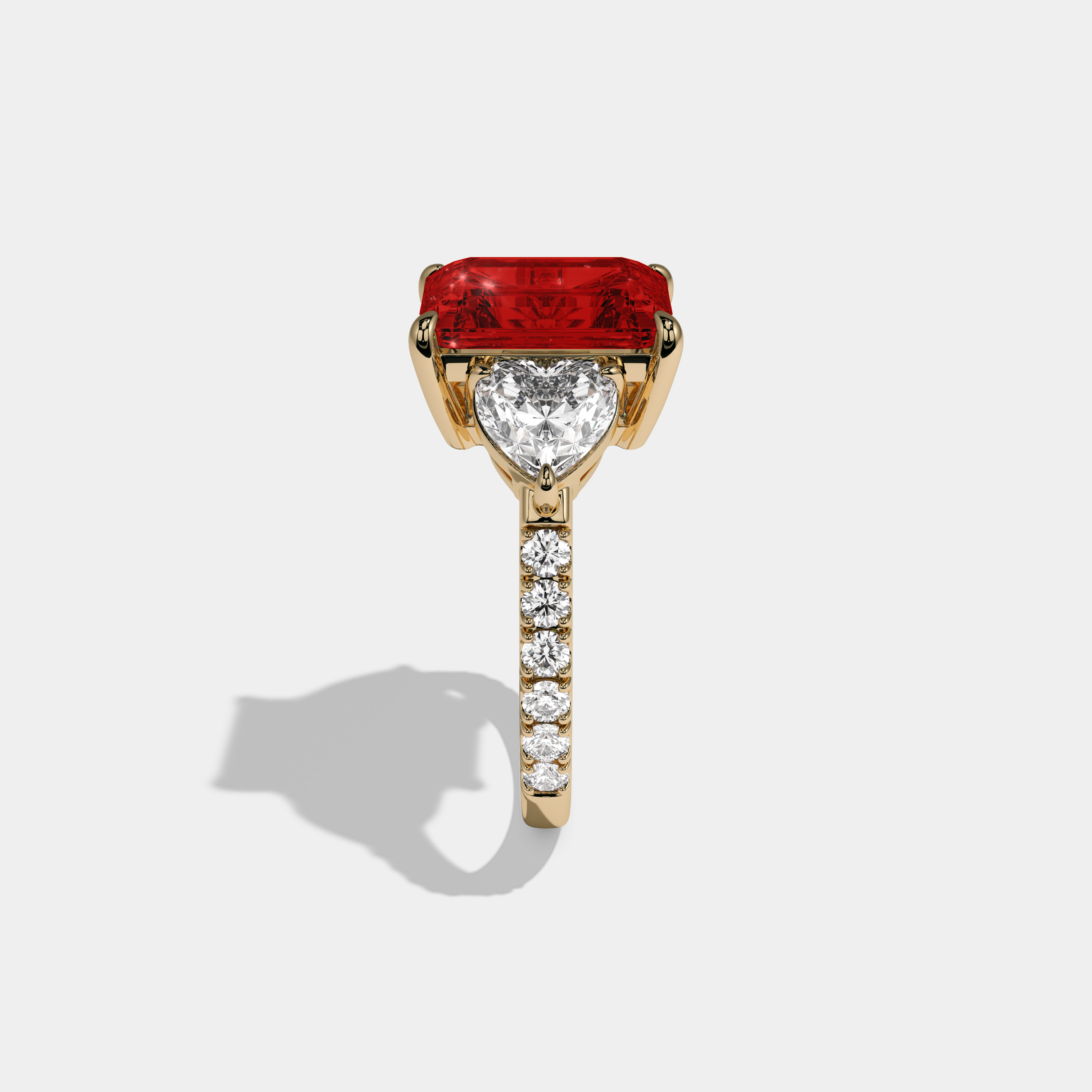 Eleanor Fancy Red Emerald Cut Diamond Band With Heart Cut Sides Engagement Ring 8ct 18K Yellow Gold