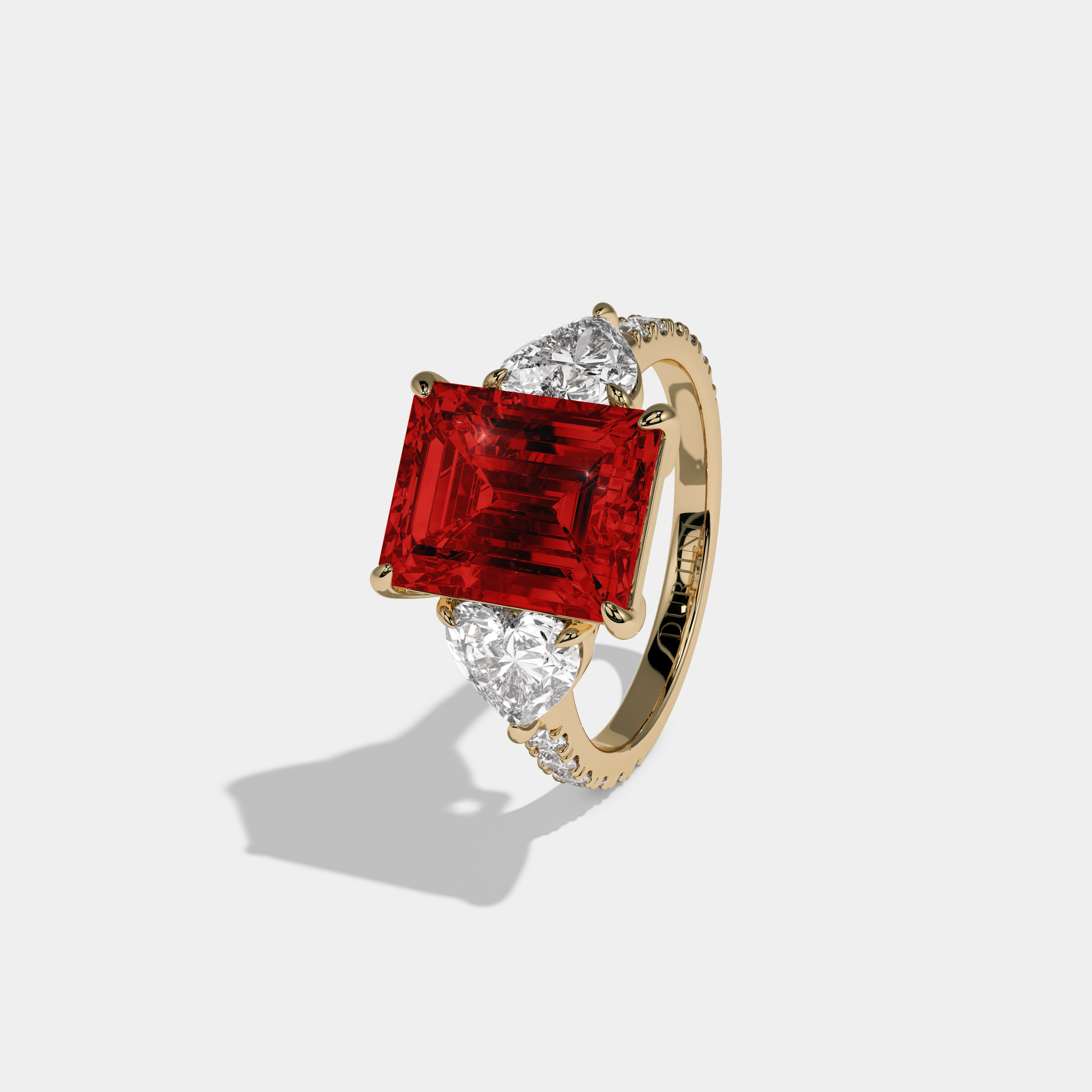 Eleanor Fancy Red Emerald Cut Diamond Band With Heart Cut Sides Engagement Ring 8ct 18K Yellow Gold