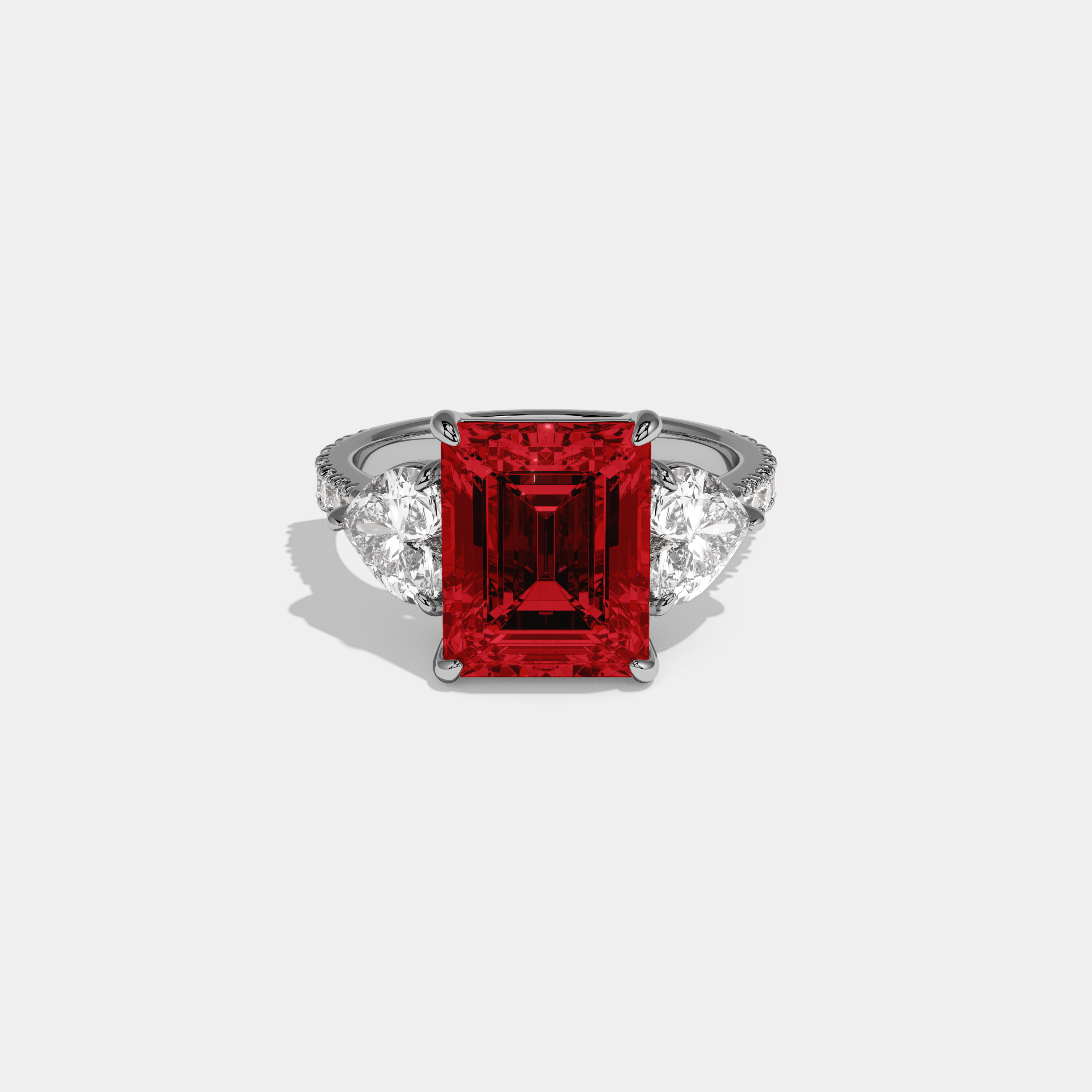 Anne Fancy Red Emerald Cut Diamond Band With Heart Cut Sides Engagement Ring 8ct 18K White Gold