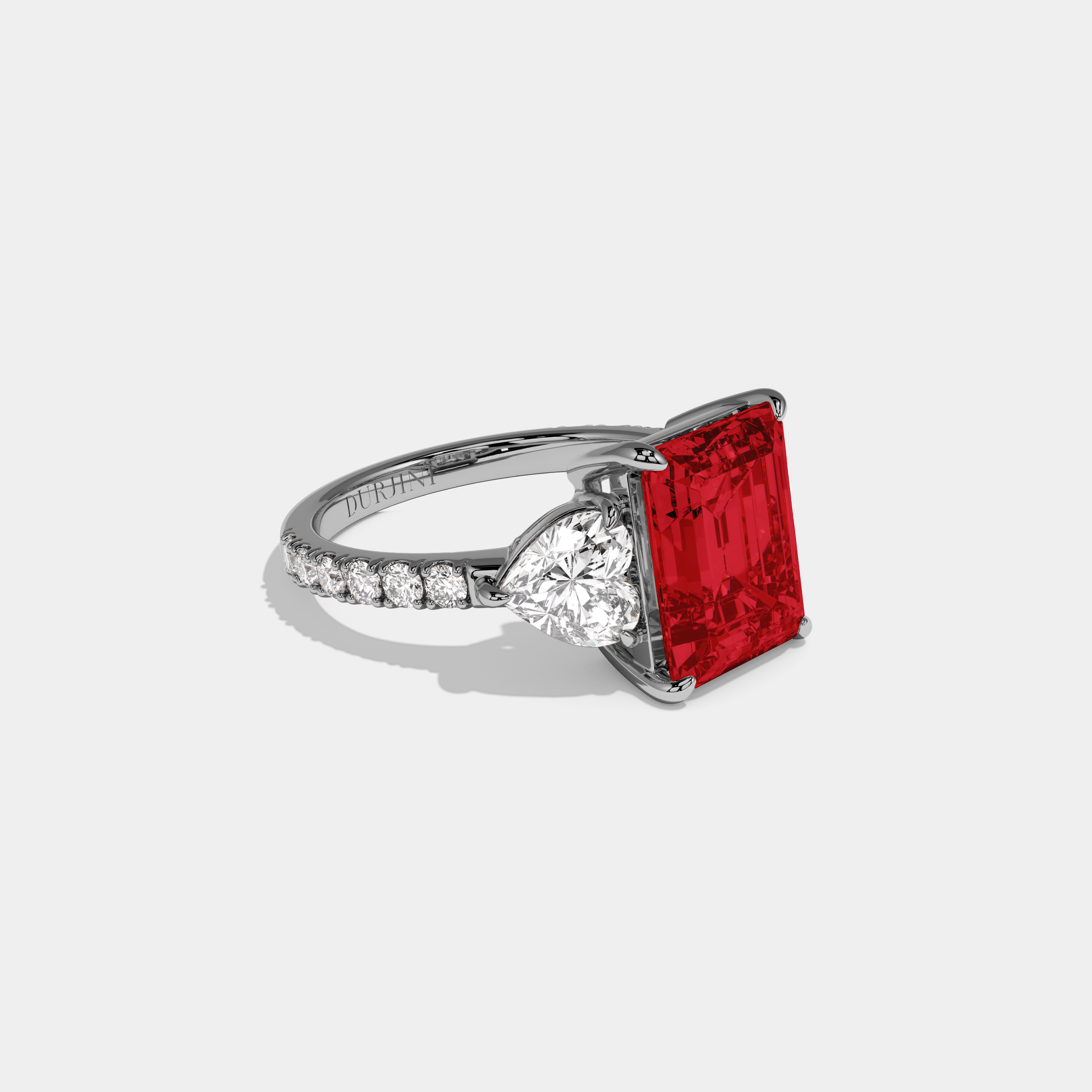 Anne Fancy Red Emerald Cut Diamond Band With Heart Cut Sides Engagement Ring 8ct 18K White Gold