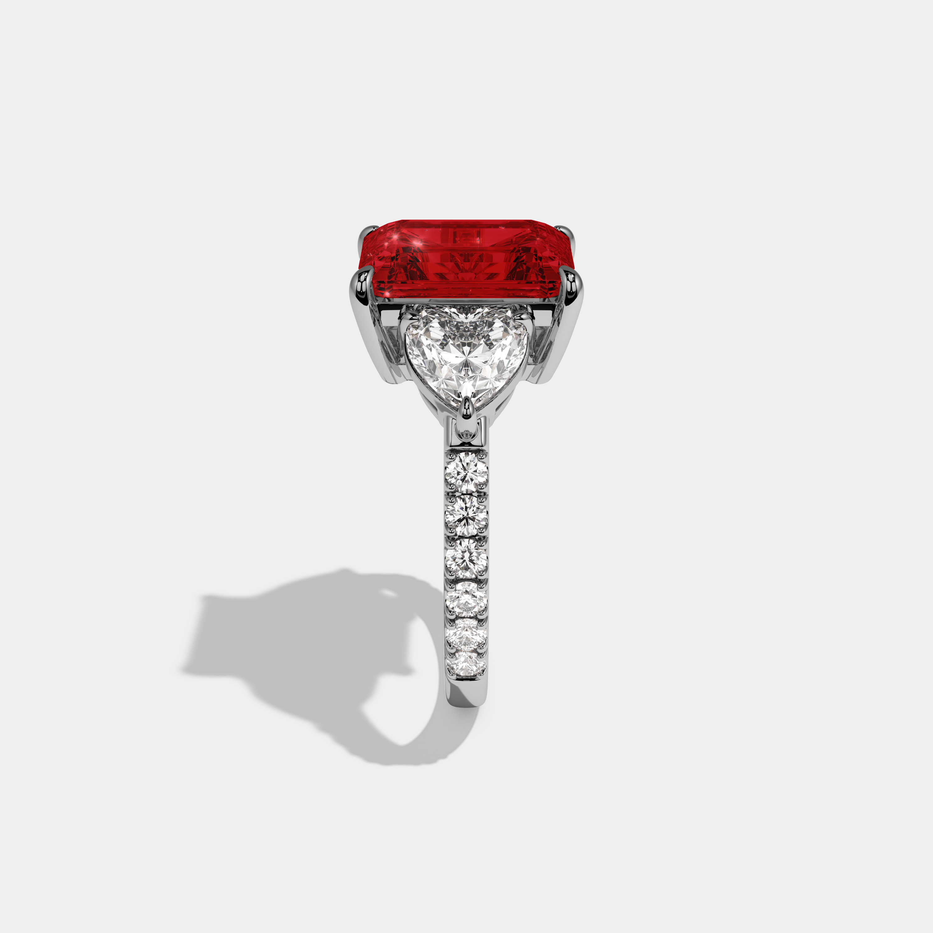 Anne Fancy Red Emerald Cut Diamond Band With Heart Cut Sides Engagement Ring 8ct 18K White Gold