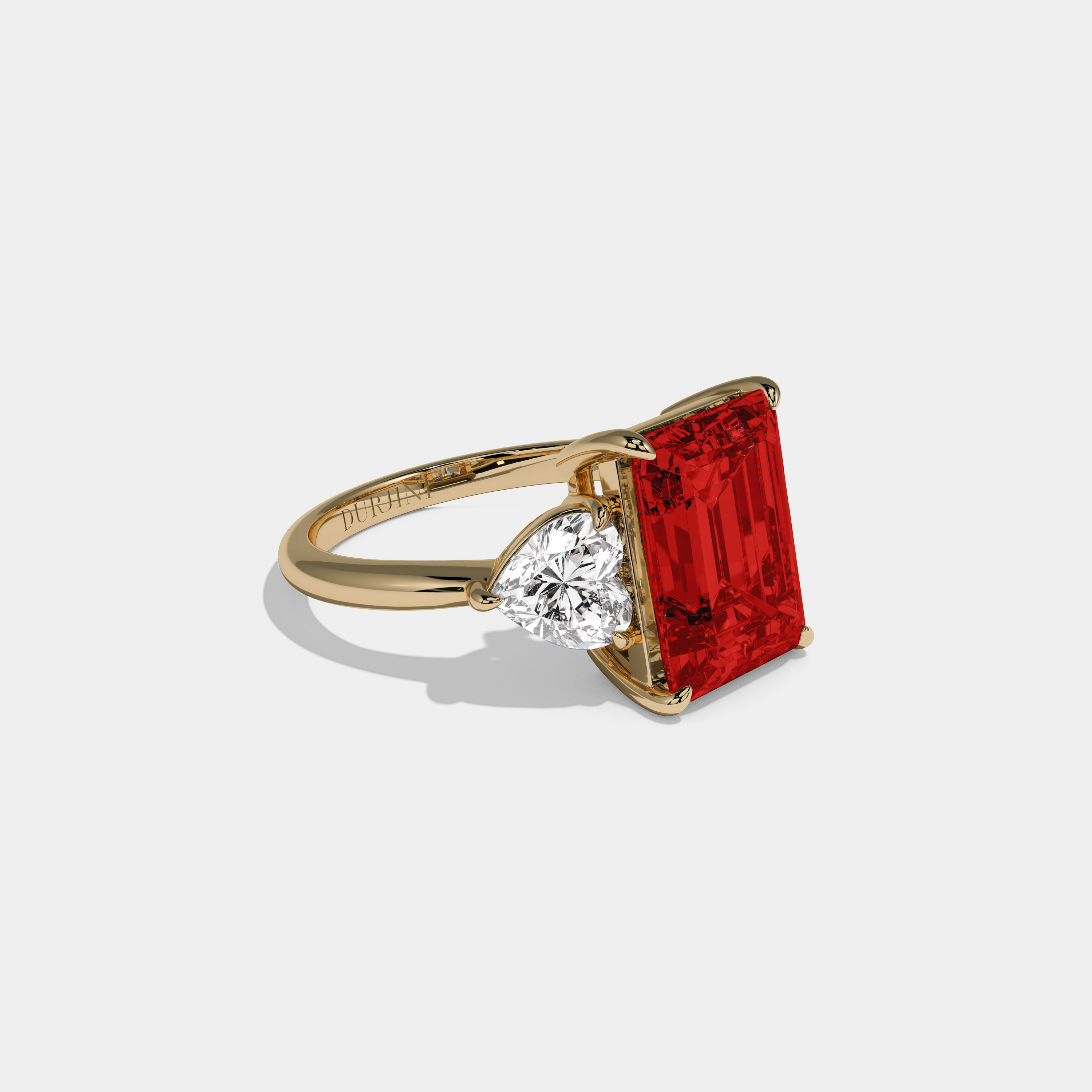 Eleanor Fancy Red Emerald Cut Diamond Plain Band With Heart Cut Sides Engagement Ring 8ct 18K Yellow Gold
