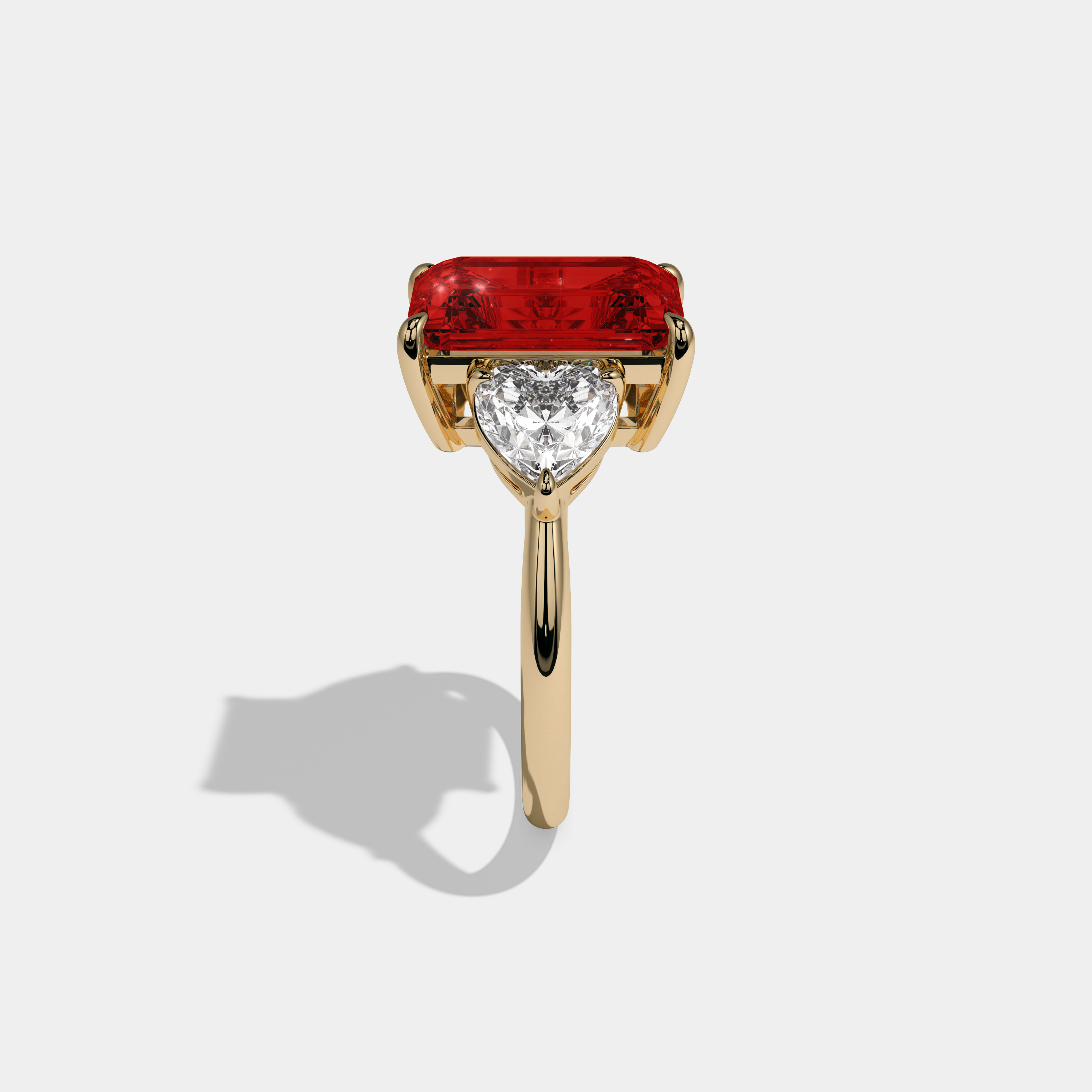 Eleanor Fancy Red Emerald Cut Diamond Plain Band With Heart Cut Sides Engagement Ring 8ct 18K Yellow Gold