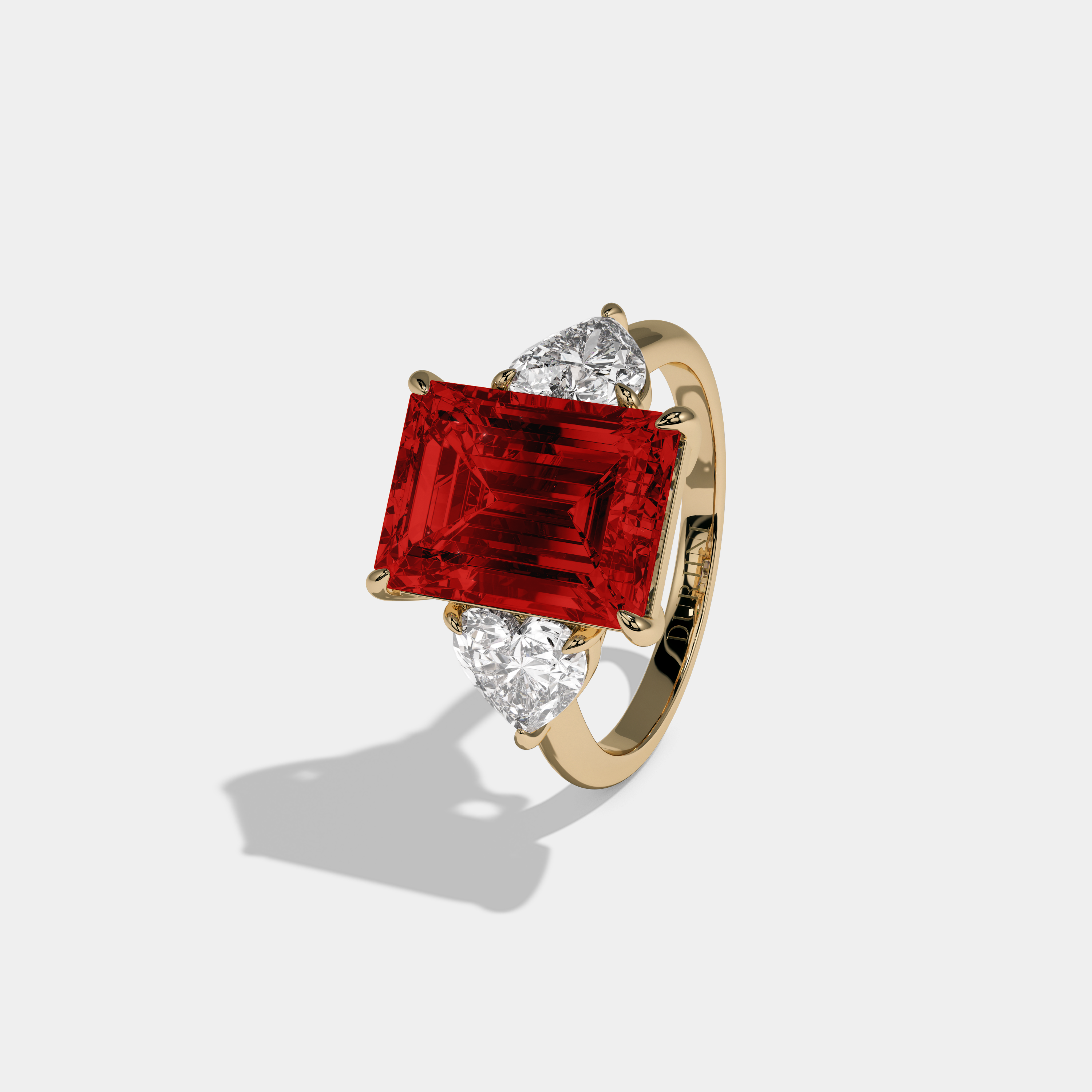 Eleanor Fancy Red Emerald Cut Diamond Plain Band With Heart Cut Sides Engagement Ring 8ct 18K Yellow Gold