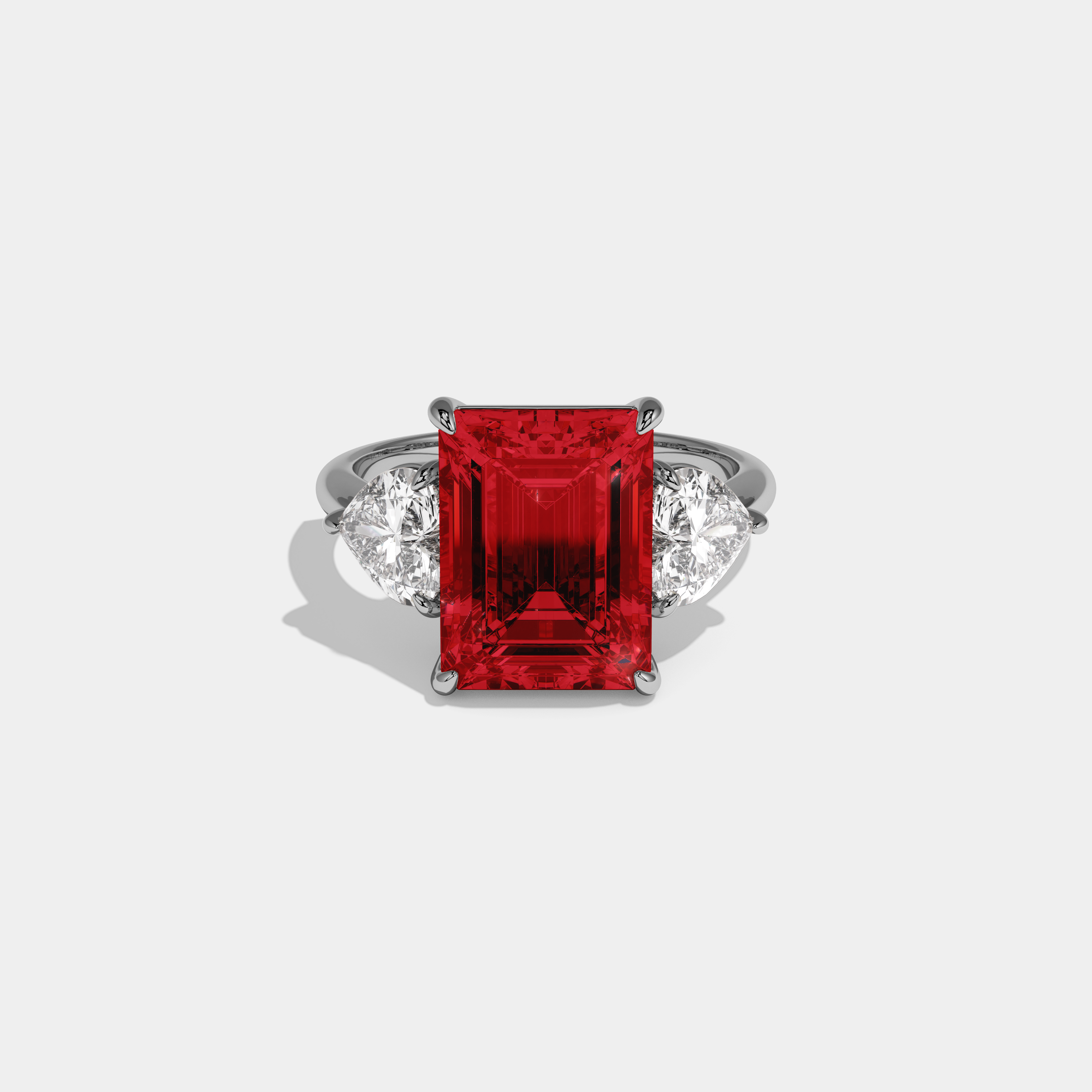 Anne Fancy Red Emerald Cut Diamond Plain Band With Heart Cut Sides Engagement Ring 8ct 18K White Gold