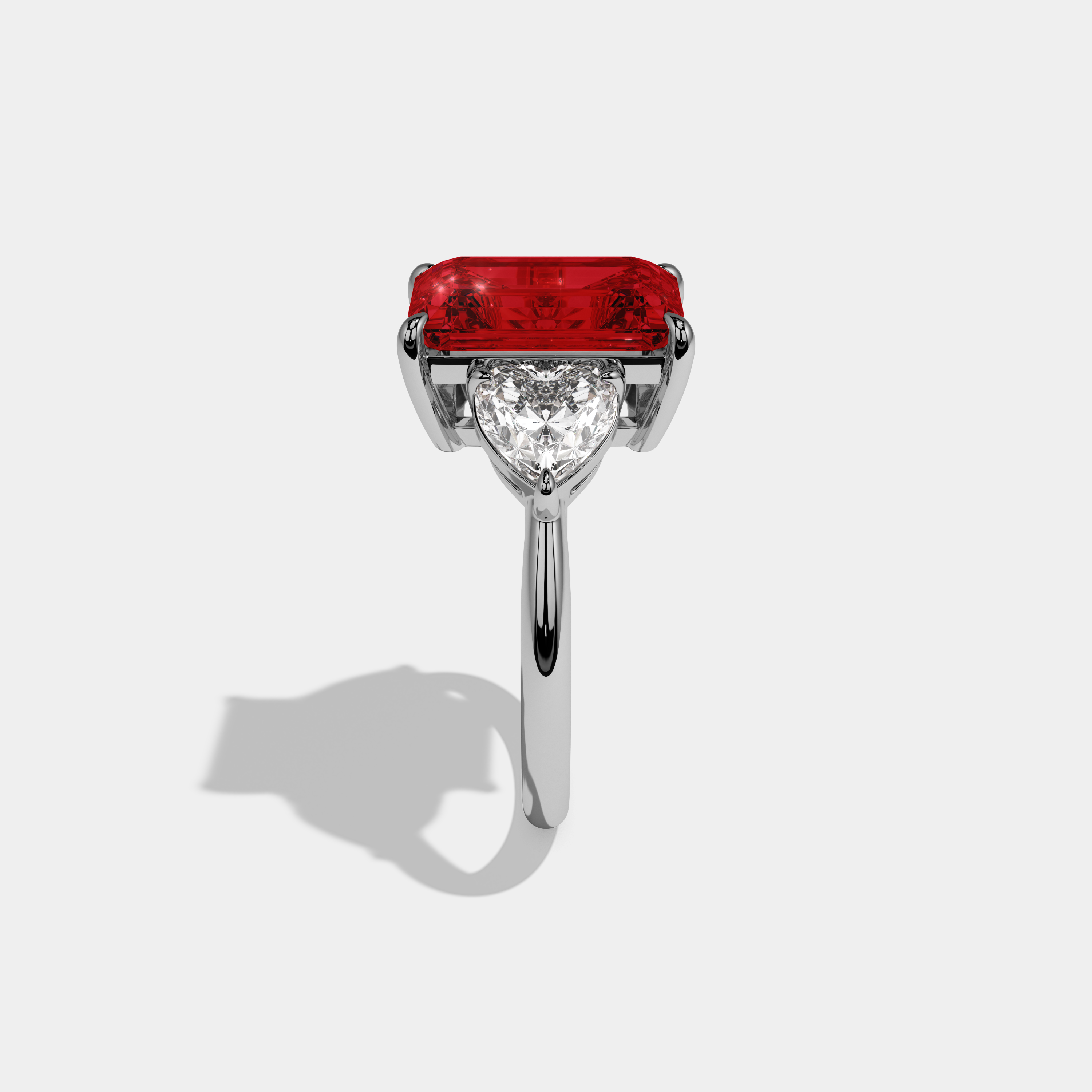 Anne Fancy Red Emerald Cut Diamond Plain Band With Heart Cut Sides Engagement Ring 8ct 18K White Gold