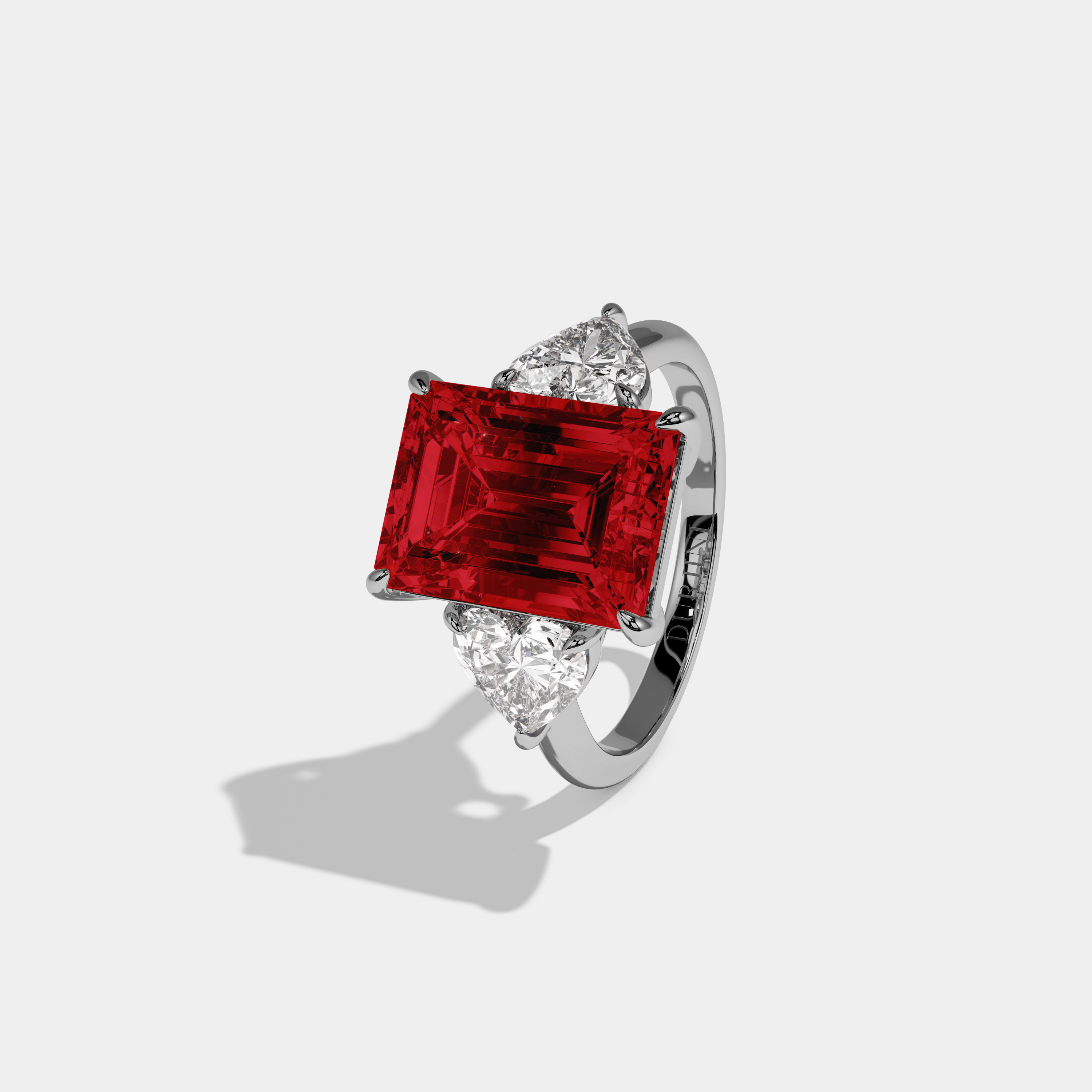 Anne Fancy Red Emerald Cut Diamond Plain Band With Heart Cut Sides Engagement Ring 8ct 18K White Gold
