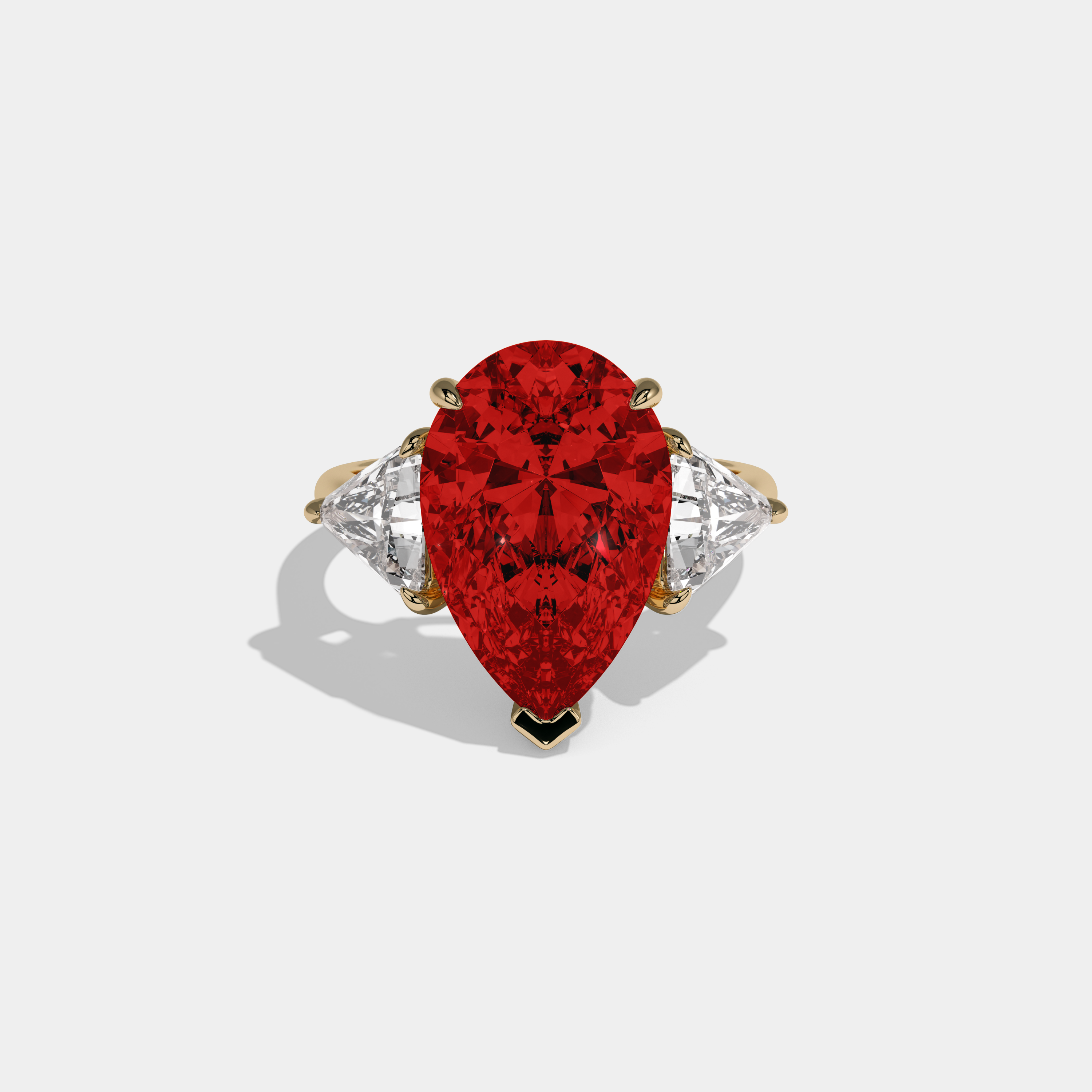 Elizabeth Fancy Red Pear Cut Diamond Plain Band With Triangle Cut Sides Engagement Ring 8ct 18K Yellow Gold