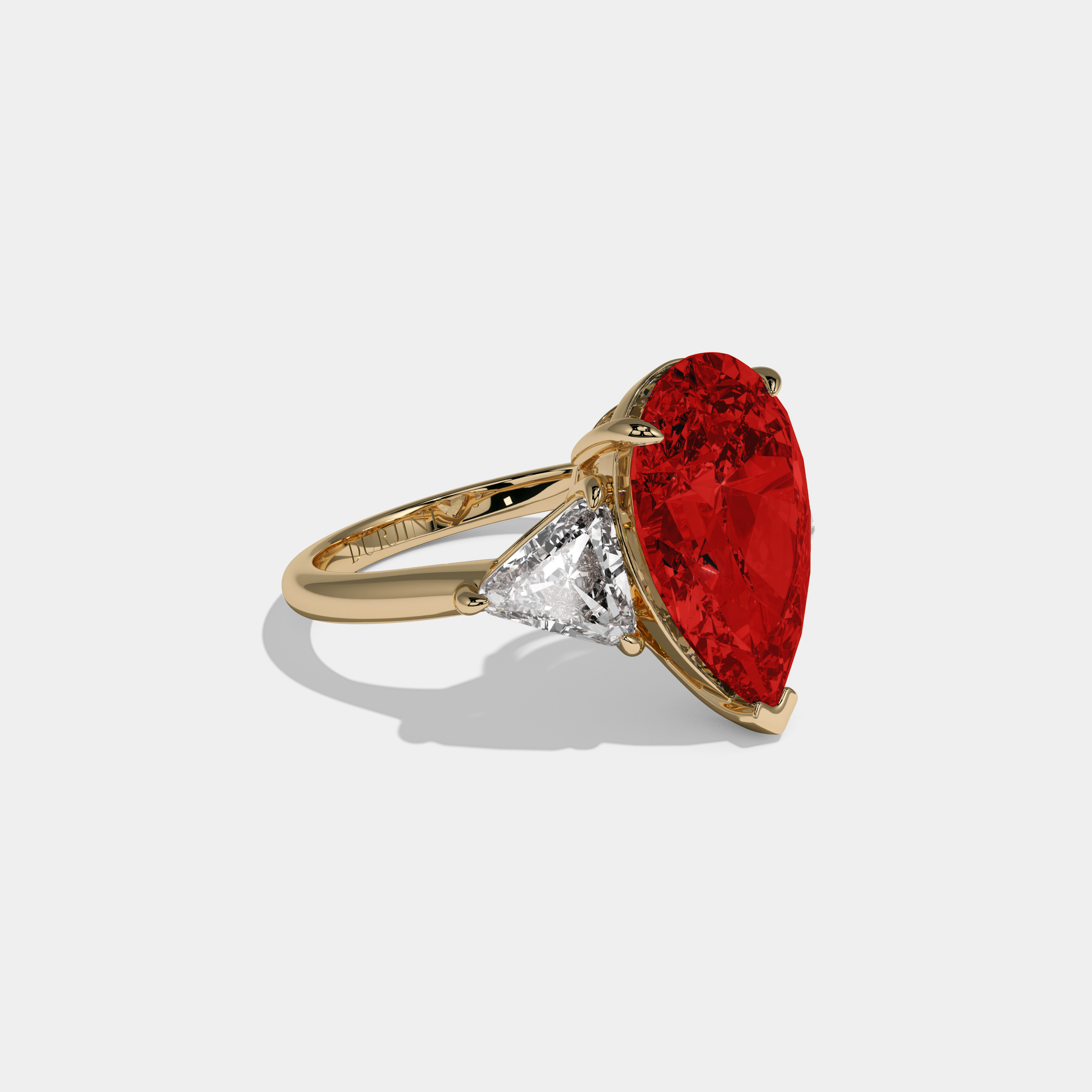 Elizabeth Fancy Red Pear Cut Diamond Plain Band With Triangle Cut Sides Engagement Ring 8ct 18K Yellow Gold