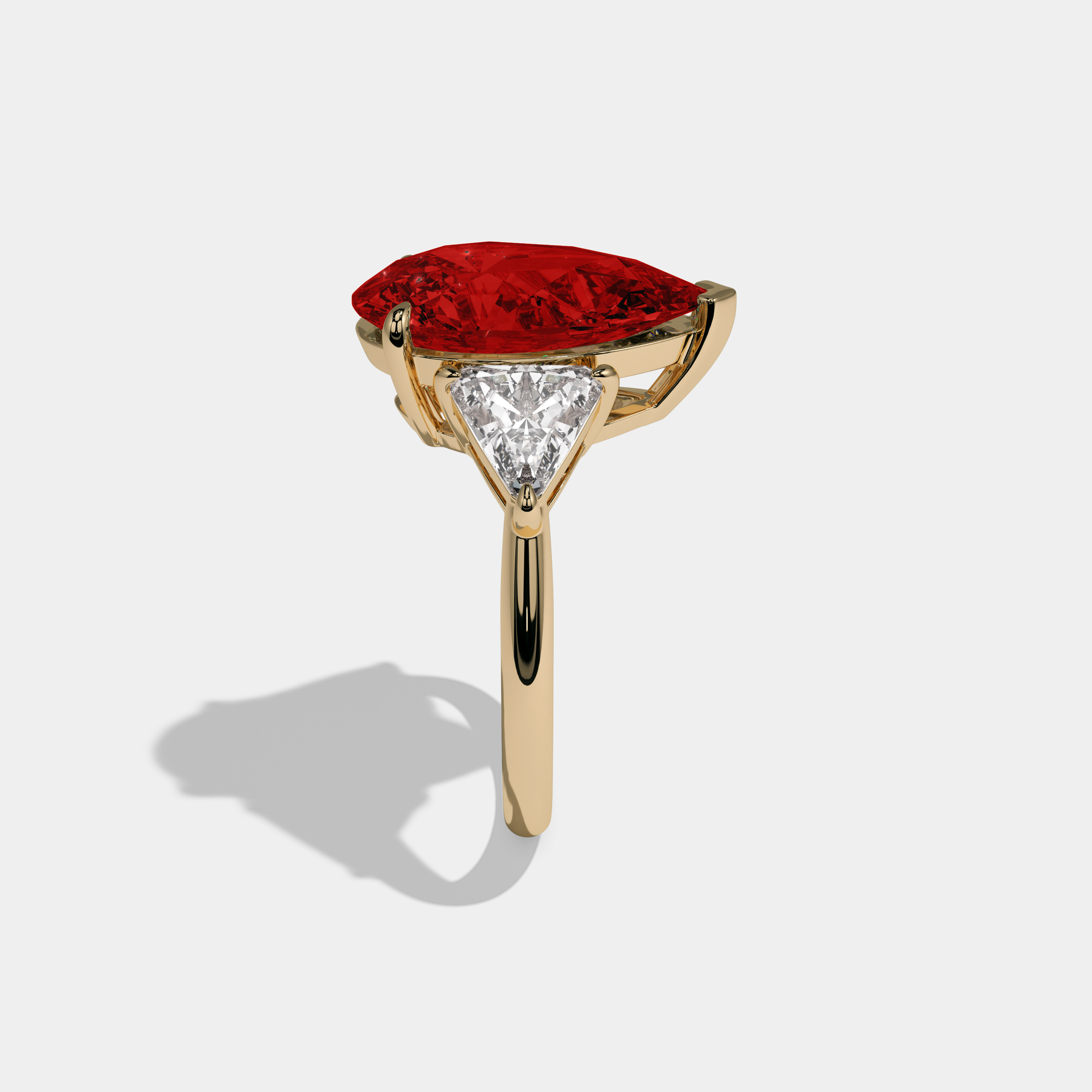 Elizabeth Fancy Red Pear Cut Diamond Plain Band With Triangle Cut Sides Engagement Ring 8ct 18K Yellow Gold