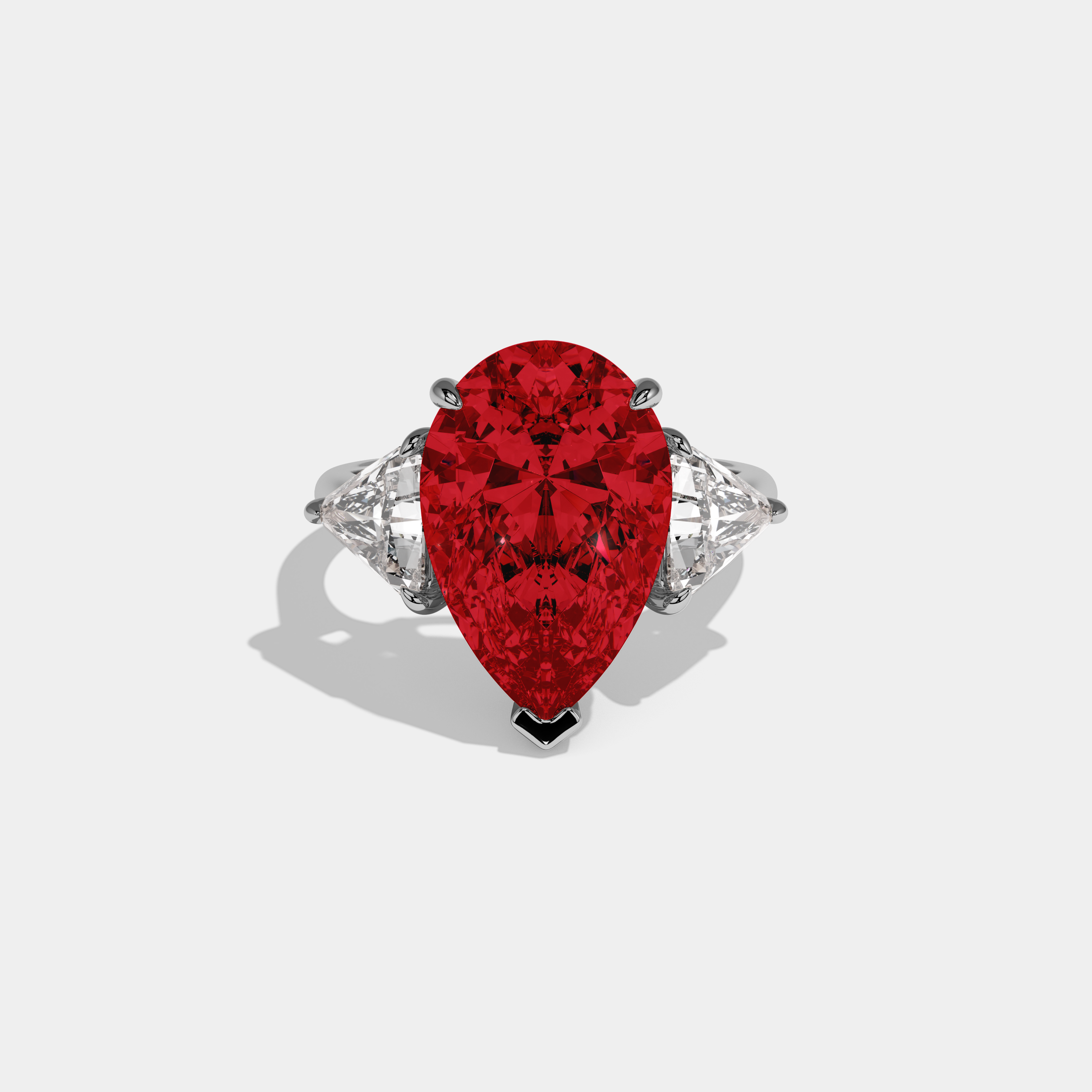 Adelaide Fancy Red Pear Cut Diamond Plain Band With Triangle Cut Sides Engagement Ring 8ct 18K White Gold