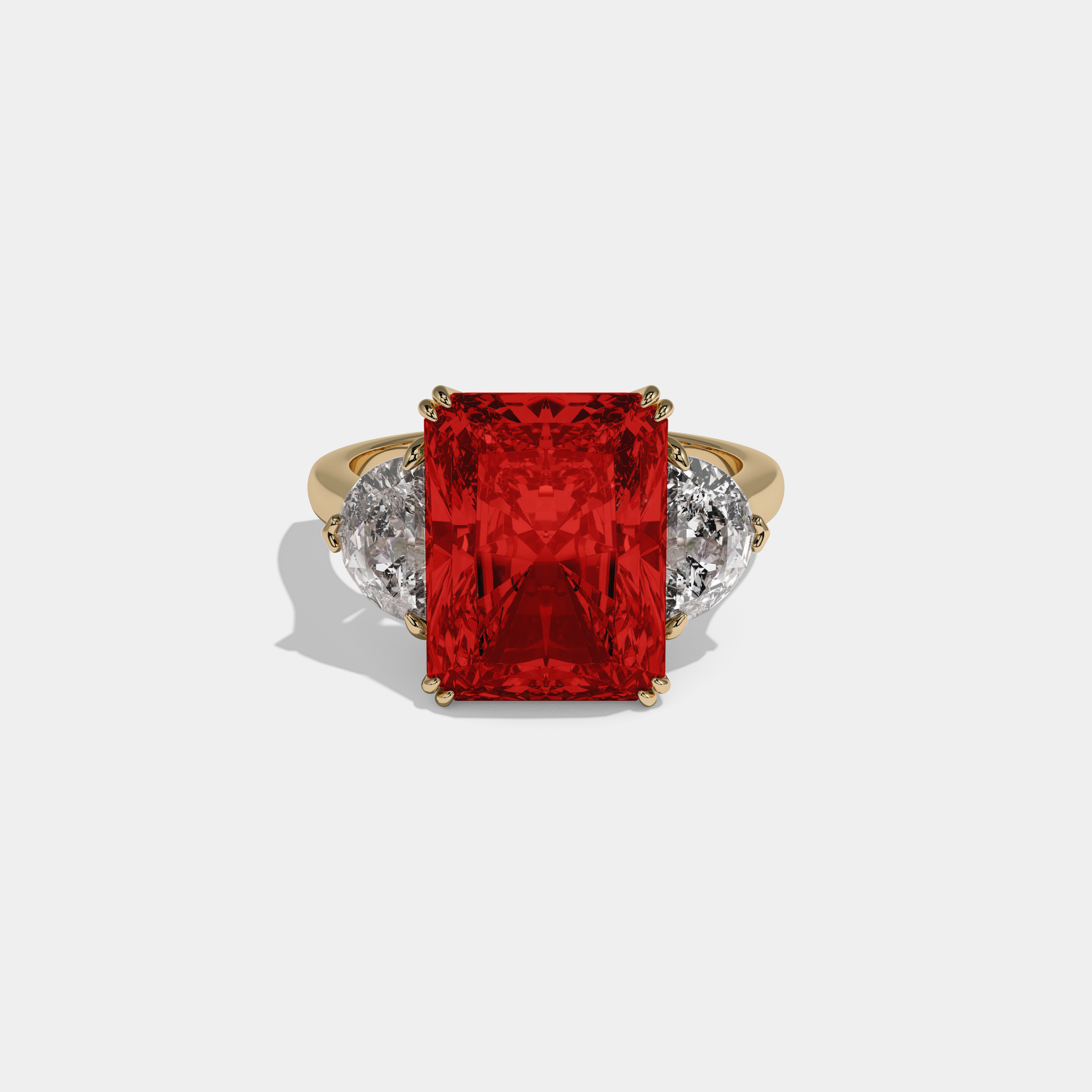 Eleanor Fancy Red Radiant Cut Diamond Plain Band With Half Moon Sides Engagement Ring 8ct 18K Yellow Gold