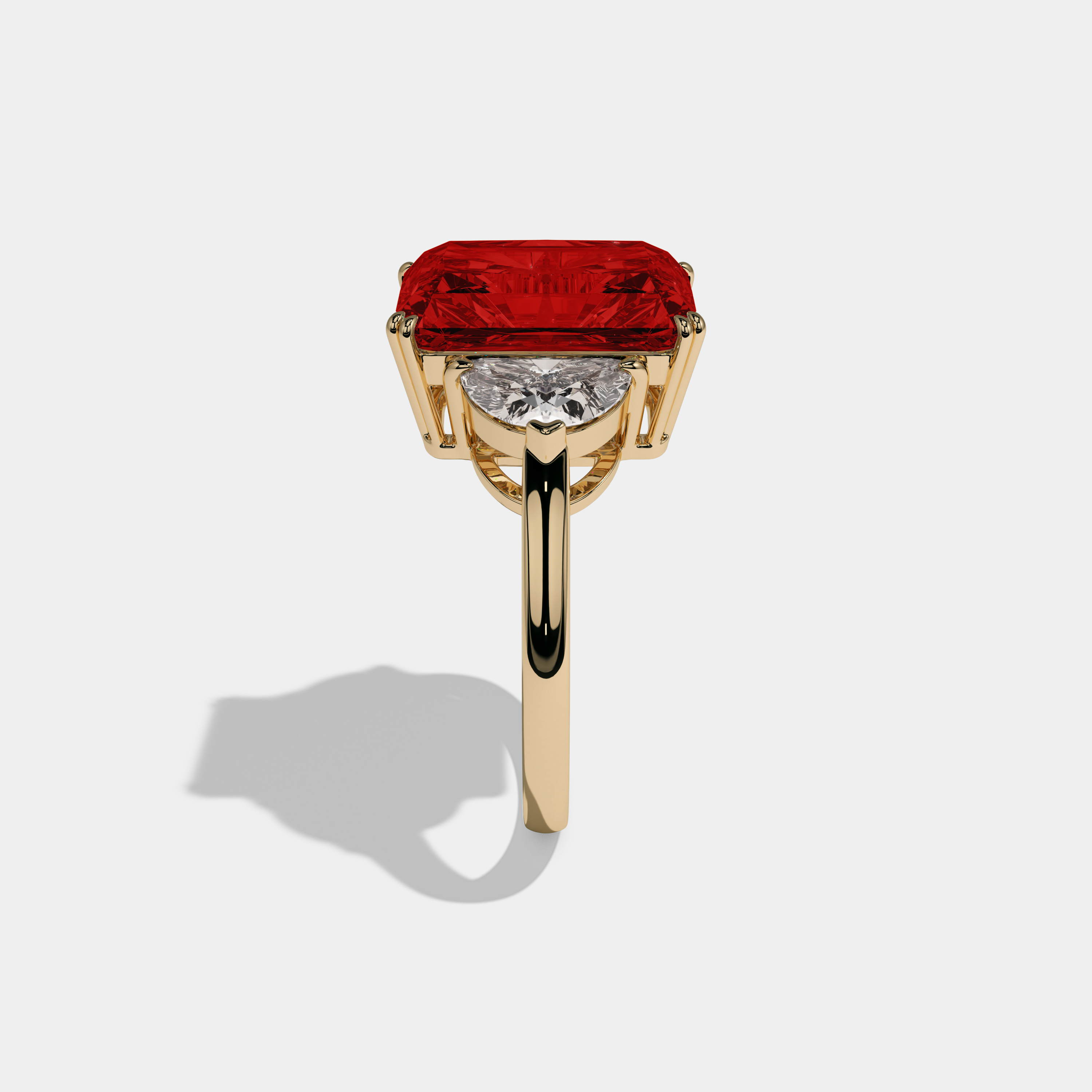 Eleanor Fancy Red Radiant Cut Diamond Plain Band With Half Moon Sides Engagement Ring 8ct 18K Yellow Gold