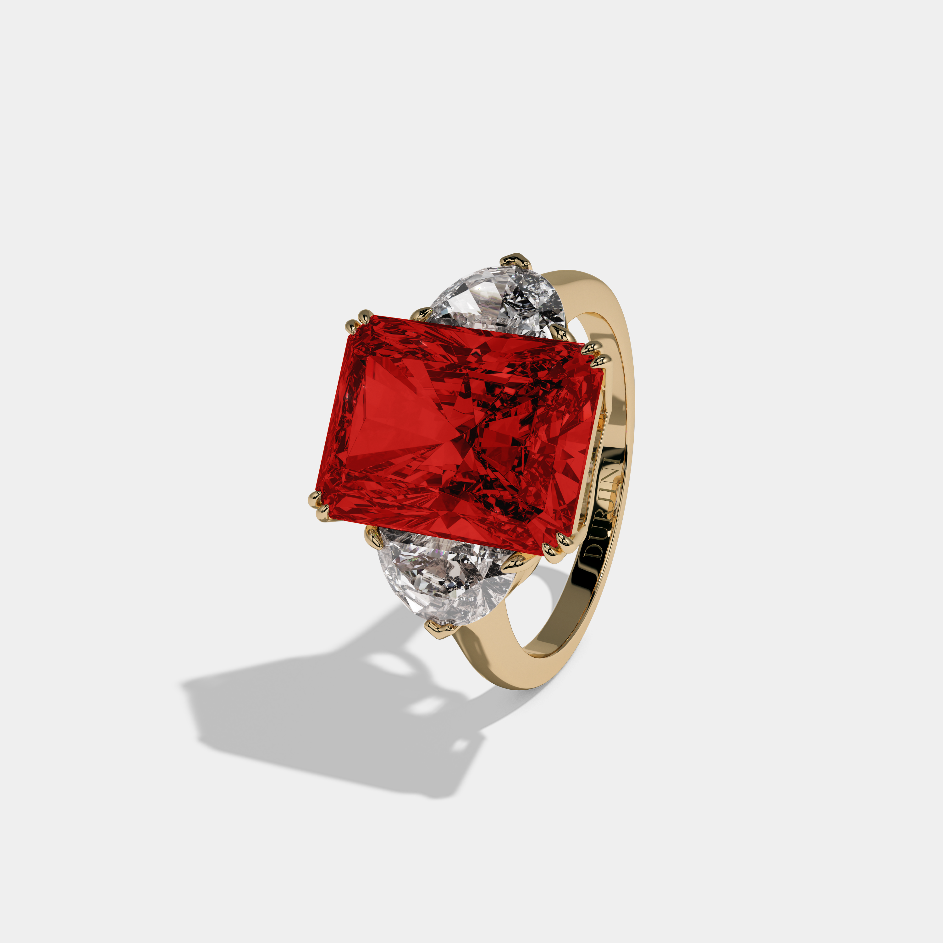 Eleanor Fancy Red Radiant Cut Diamond Plain Band With Half Moon Sides Engagement Ring 8ct 18K Yellow Gold