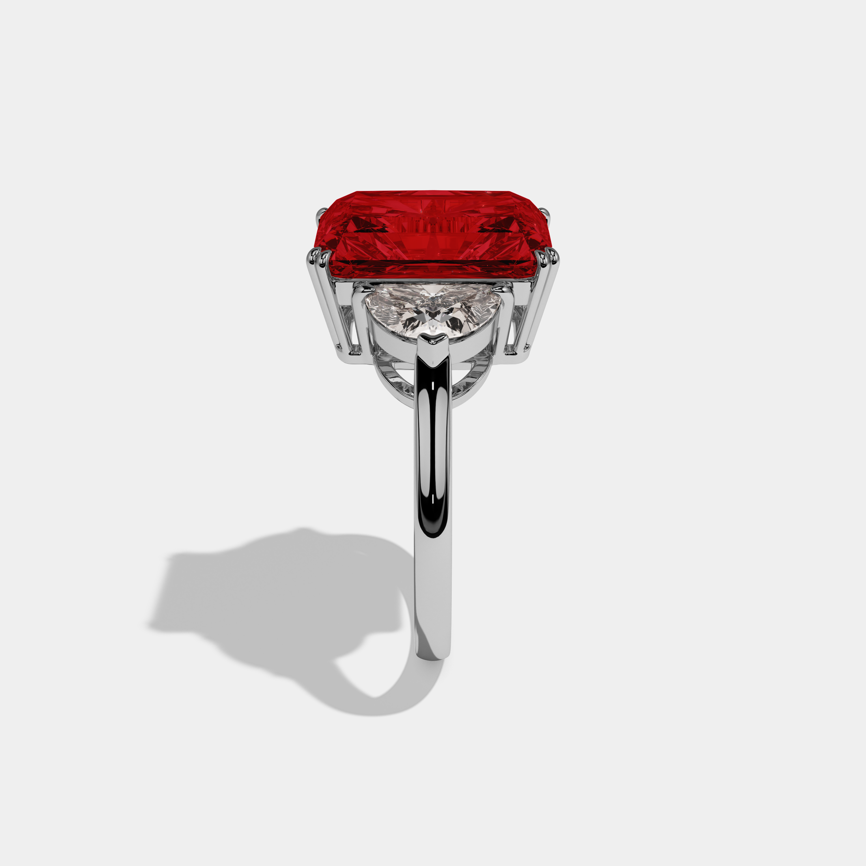 Anne Fancy Red Radiant Cut Diamond Plain Band With Half Moon Sides Engagement Ring 8ct 18K White Gold
