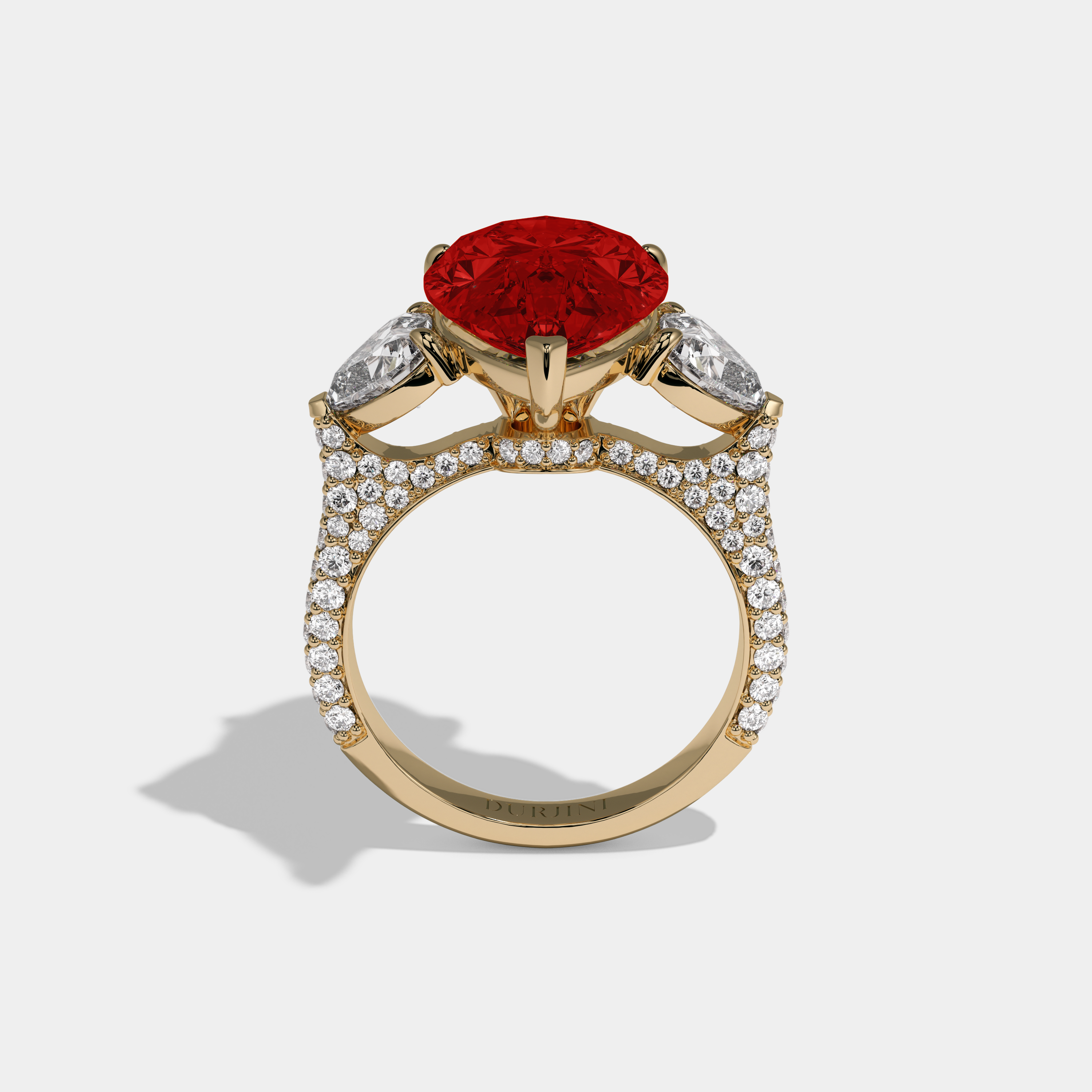 Eleanor Fancy Red Pear Cut Diamond Band With Heart Cut Sides Engagement Ring 9ct 18K Yellow Gold