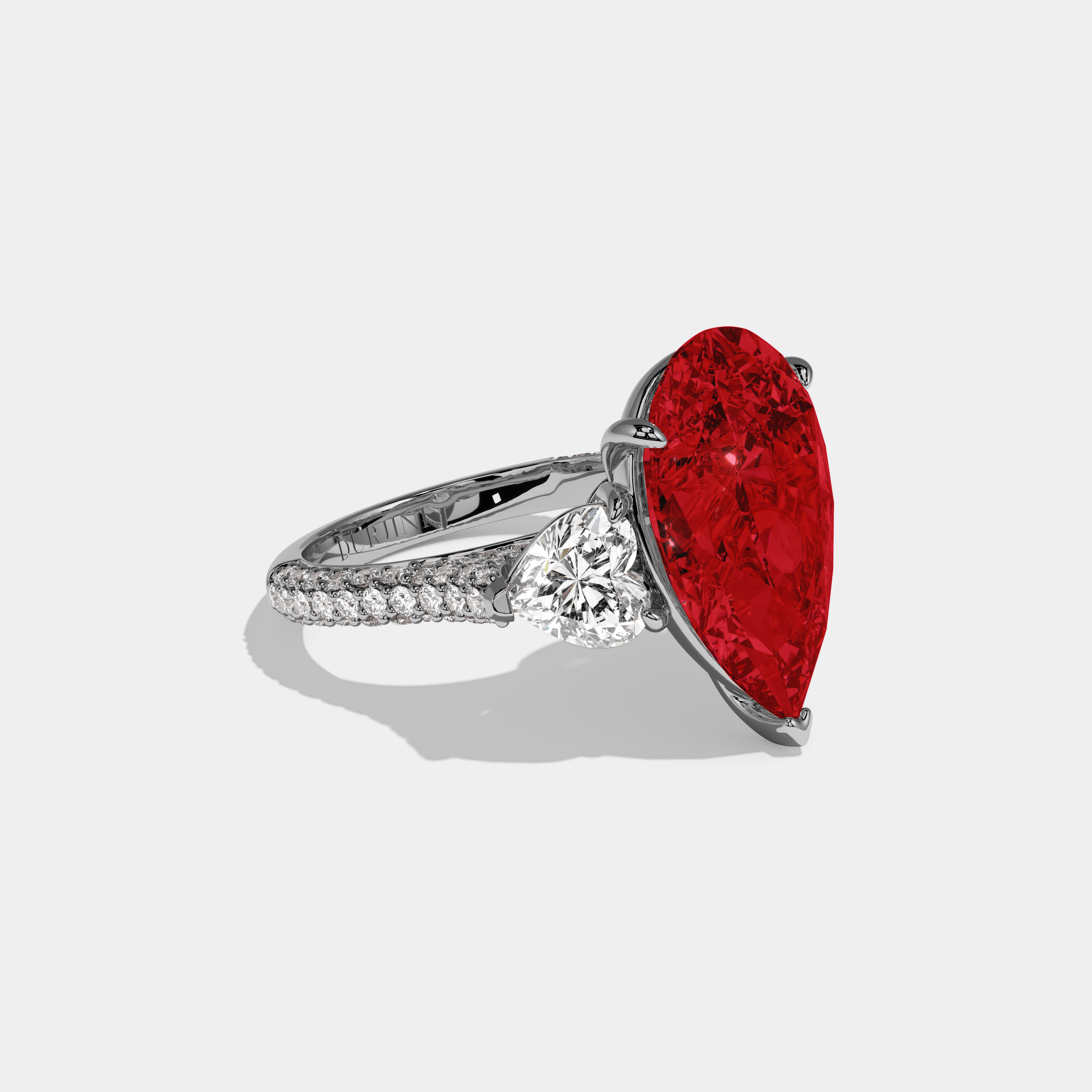Amelia Fancy Red Pear Cut Diamond Band With Heart Cut Sides Engagement Ring 9ct 18K White Gold