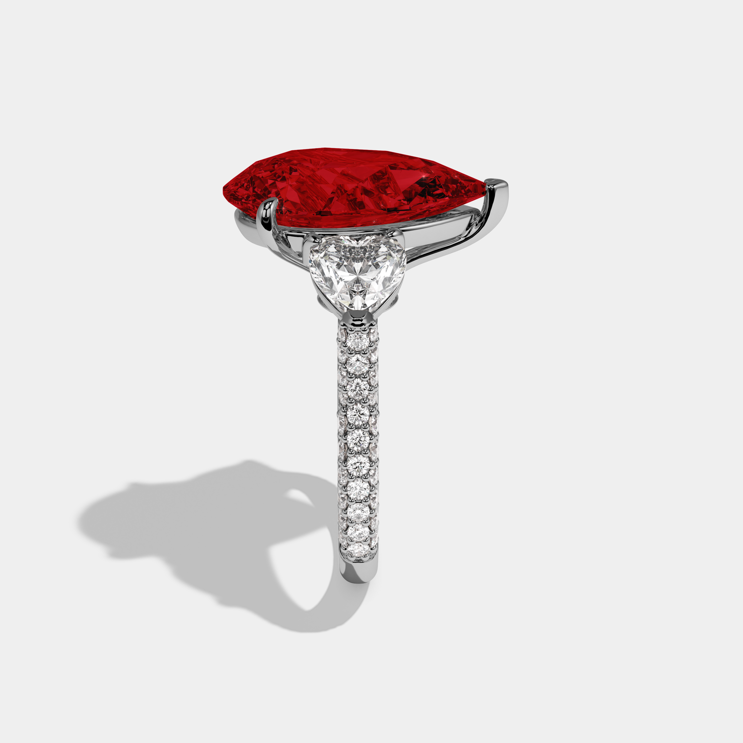 Amelia Fancy Red Pear Cut Diamond Band With Heart Cut Sides Engagement Ring 9ct 18K White Gold