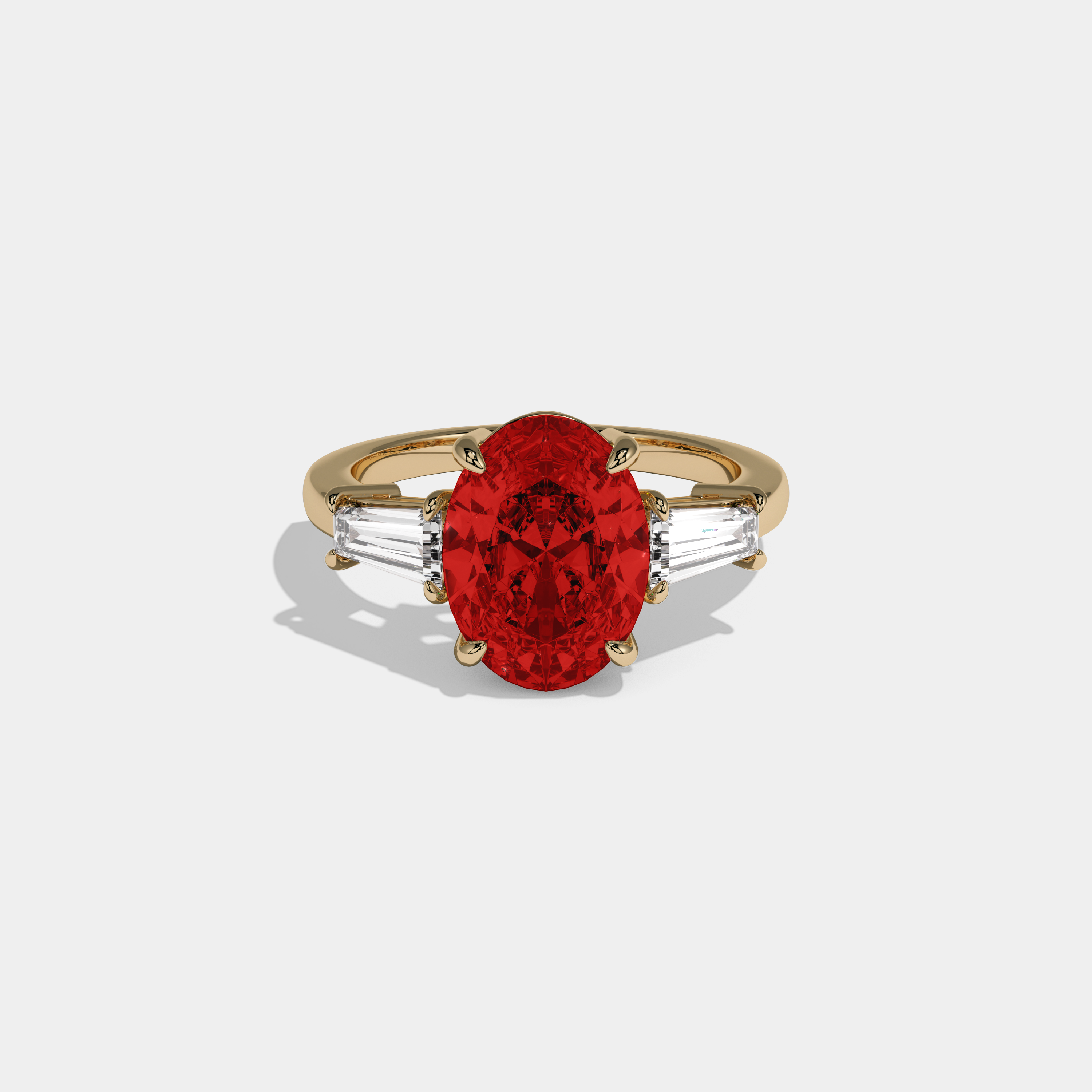 Eleanor Fancy Red Oval Cut Diamond Plain Band Engagement Ring With Baguette Cut Sides 6ct 18K Yellow Gold