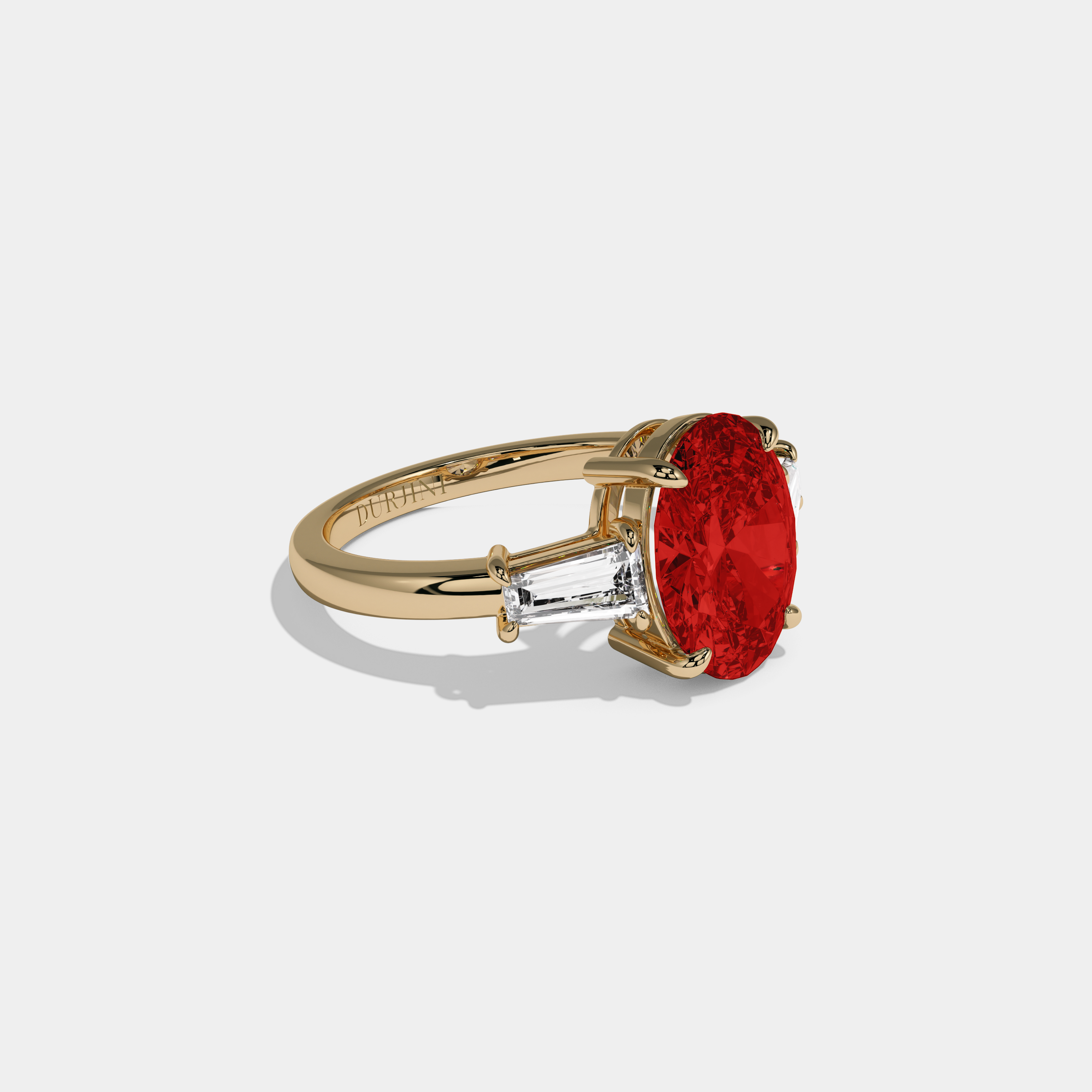Eleanor Fancy Red Oval Cut Diamond Plain Band Engagement Ring With Baguette Cut Sides 6ct 18K Yellow Gold