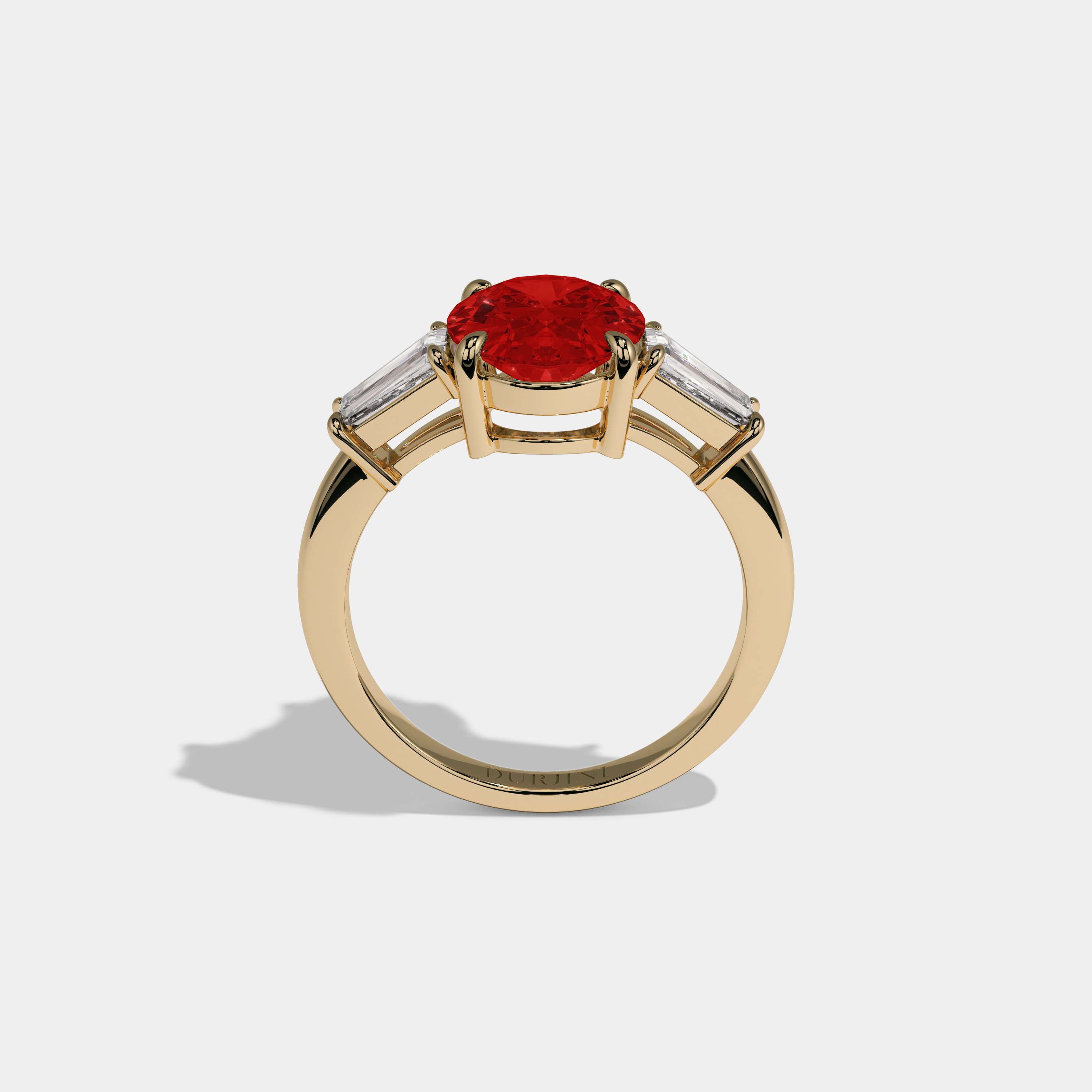 Eleanor Fancy Red Oval Cut Diamond Plain Band Engagement Ring With Baguette Cut Sides 6ct 18K Yellow Gold
