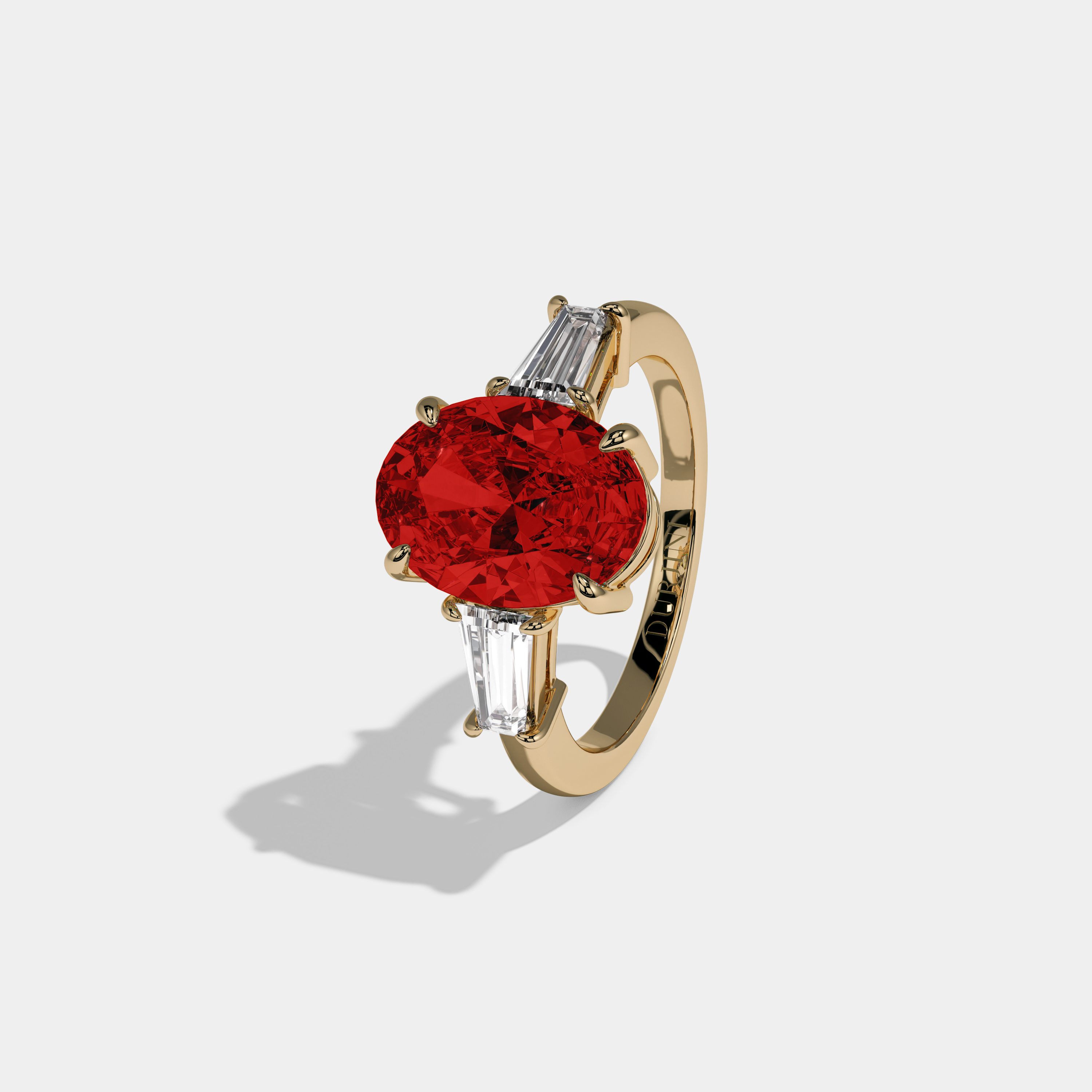 Eleanor Fancy Red Oval Cut Diamond Plain Band Engagement Ring With Baguette Cut Sides 6ct 18K Yellow Gold