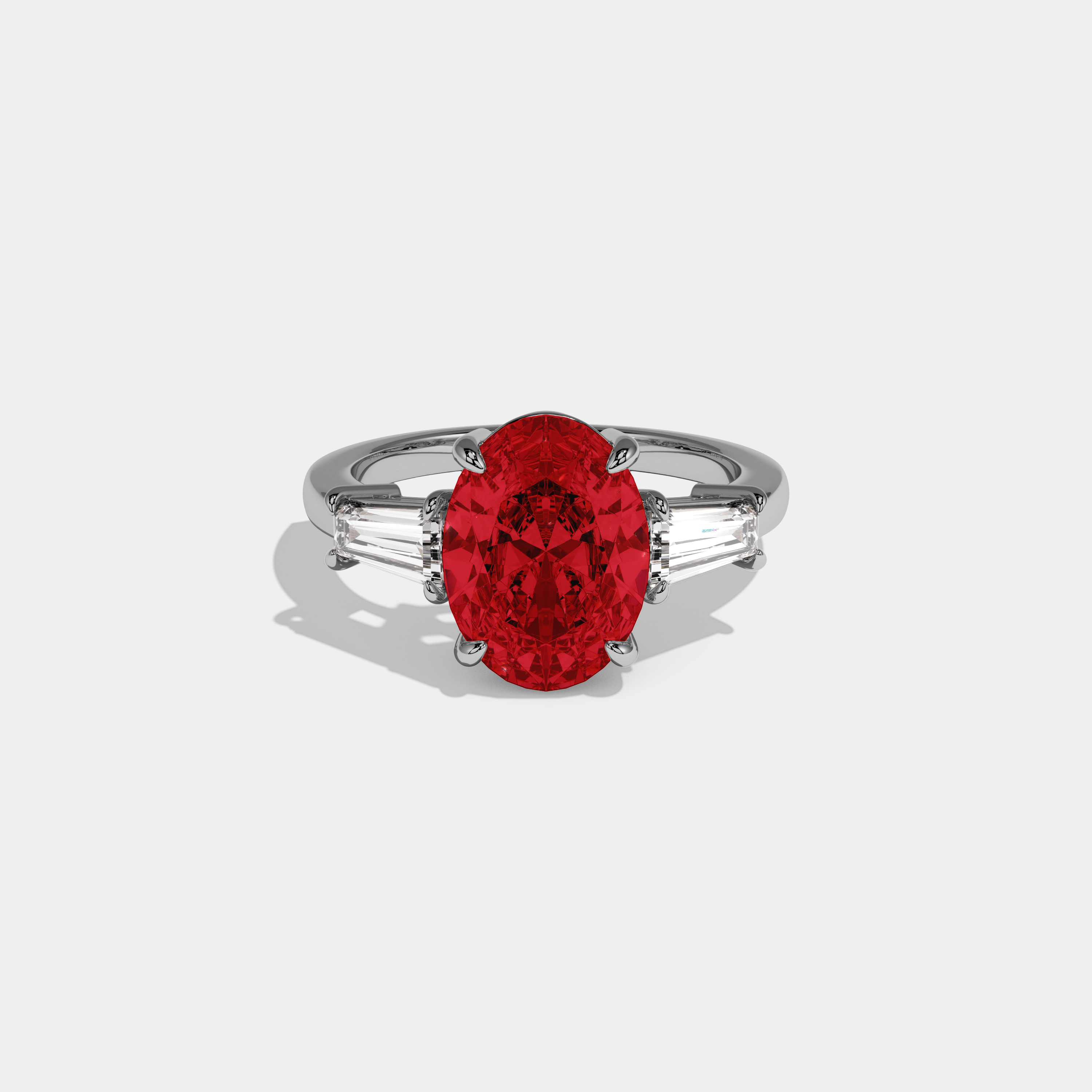 Anne Fancy Red Oval Cut Diamond Plain Band Engagement Ring With Baguette Cut Sides 6ct 18K White Gold
