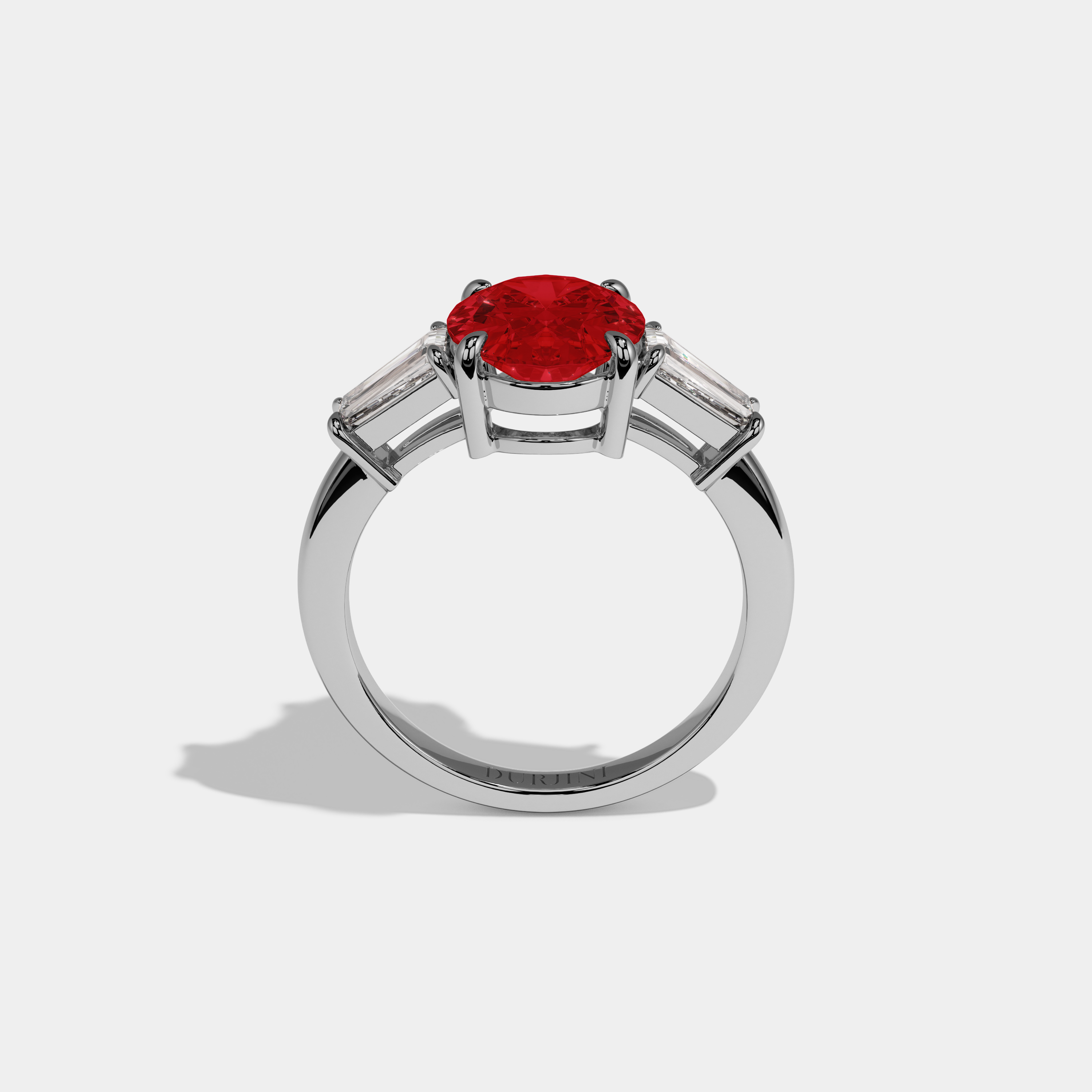 Anne Fancy Red Oval Cut Diamond Plain Band Engagement Ring With Baguette Cut Sides 6ct 18K White Gold
