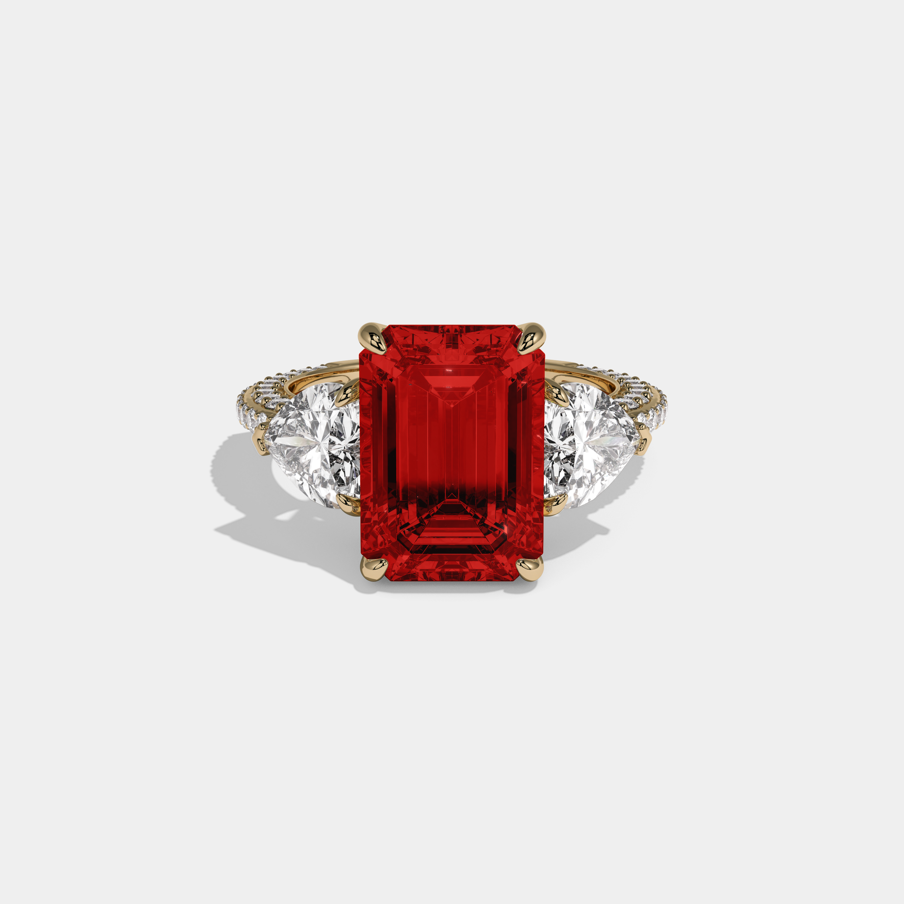 Henrietta Fancy Red Emerald Cut Diamond Band With Heart Cut Sides Engagement Ring 8ct 18K Yellow Gold
