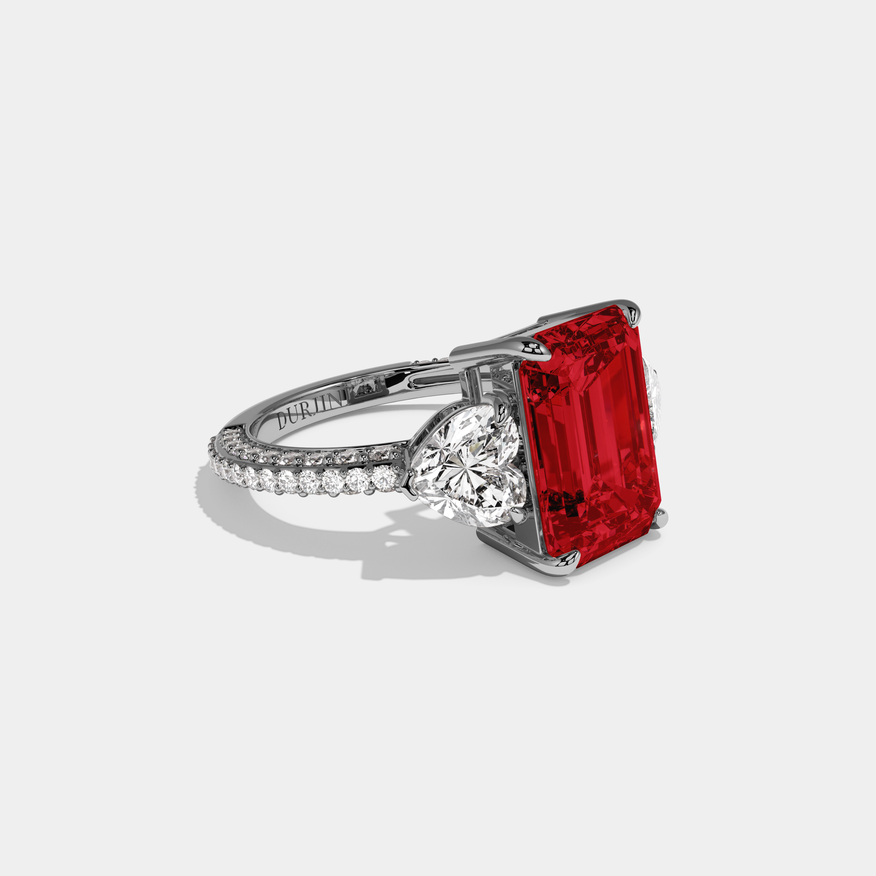 Georgiana Fancy Red Emerald Cut Diamond Band With Heart Cut Sides Engagement Ring 8ct 18K White Gold
