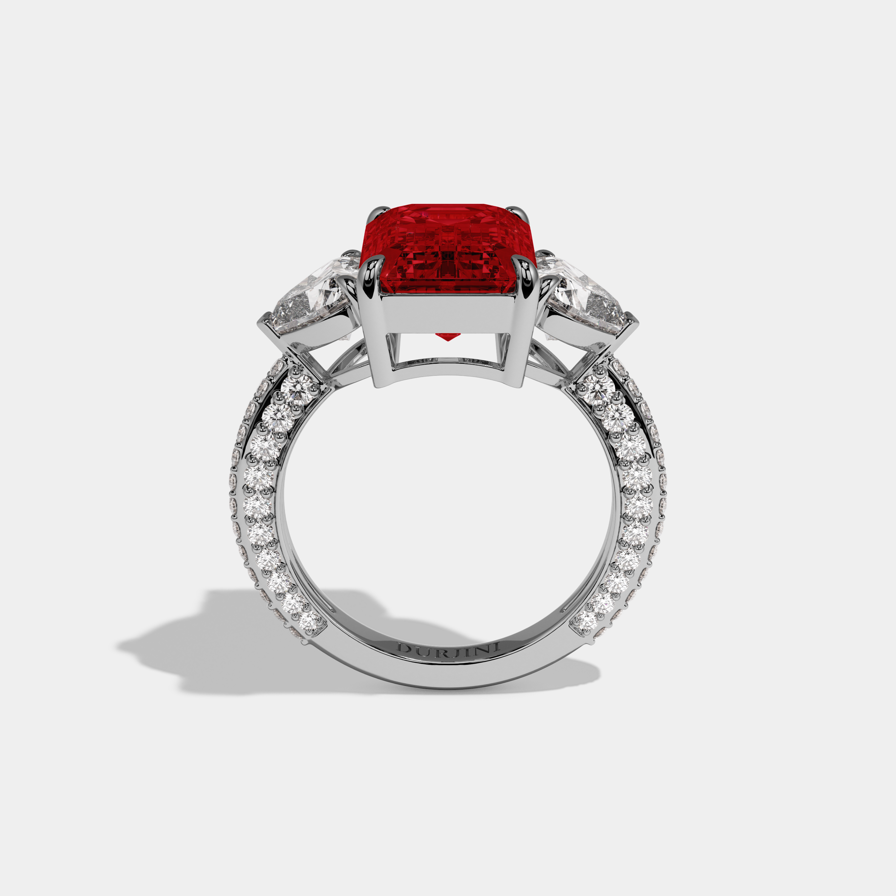 Georgiana Fancy Red Emerald Cut Diamond Band With Heart Cut Sides Engagement Ring 8ct 18K White Gold